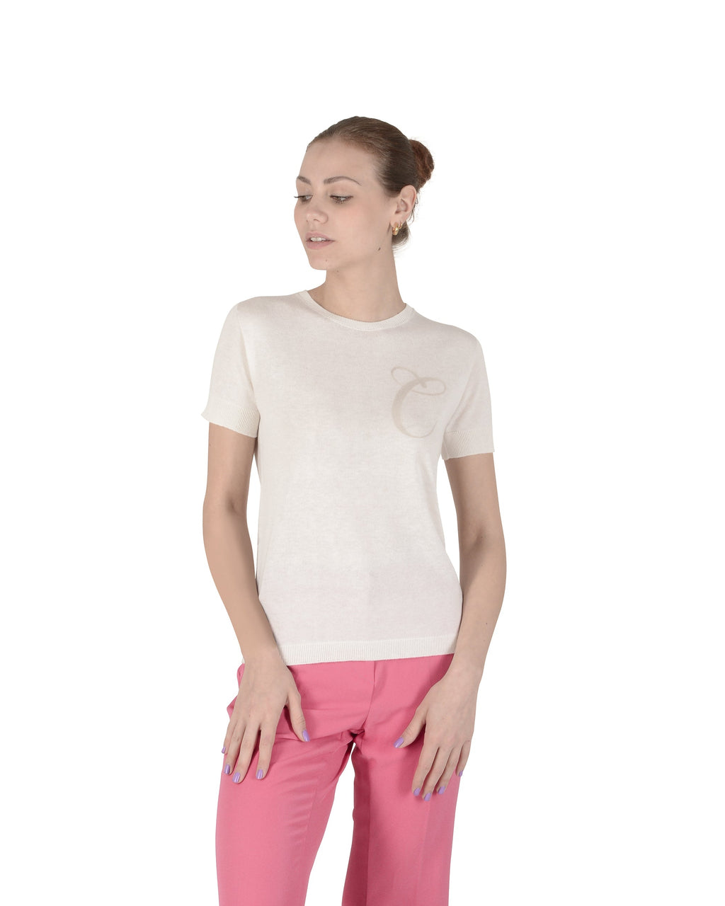 Maglia girocollo estiva in cashmere - Manica corta - Avorio