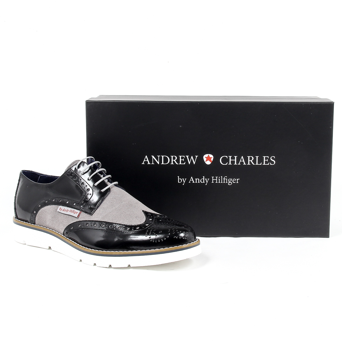 Andrew Charles Mens Brogue Oxford Shoe 914 ABRASIVATO CAM NERO GRIGIO