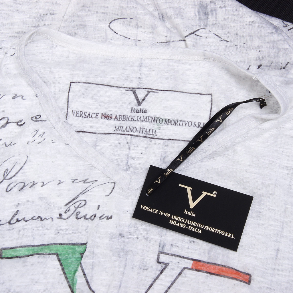 V 1969 Italia T-shirt da uomo a maniche corte con scollo a V, bianca JACOB