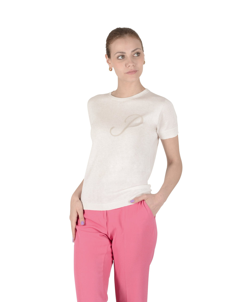 Maglia girocollo estiva in cashmere - Manica corta - Avorio