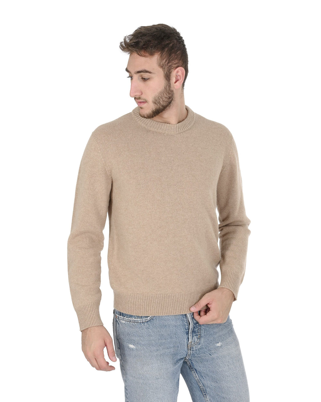 Maglione girocollo da uomo in cashmere Crown of Edinburgh COE 009 BEIGE
