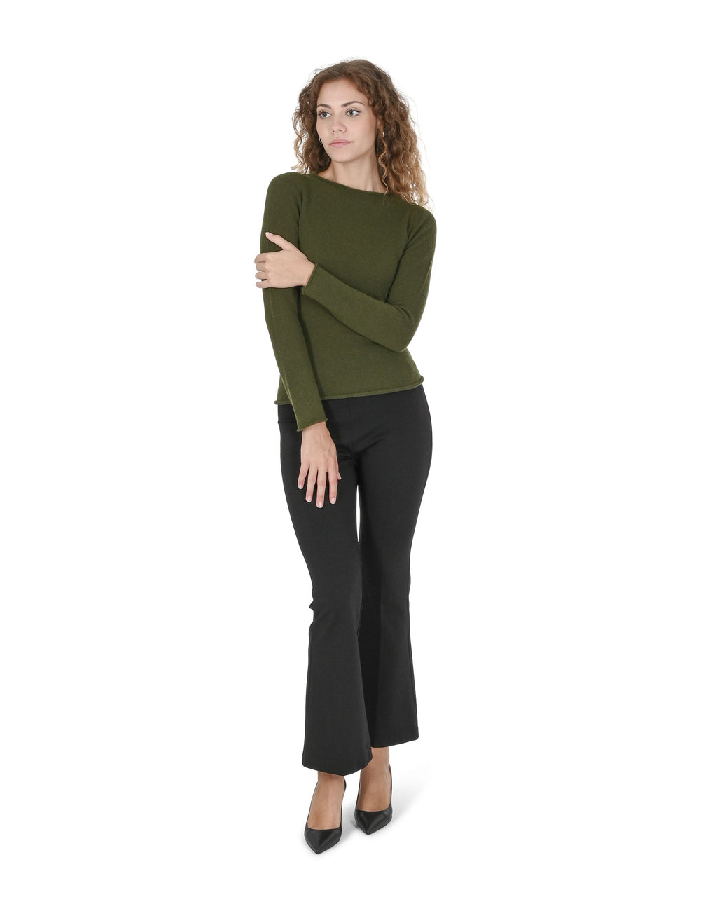 Maglione da donna con scollo a barca in cashmere Crown of Edinburgh COE 007 VERDE OLIVA