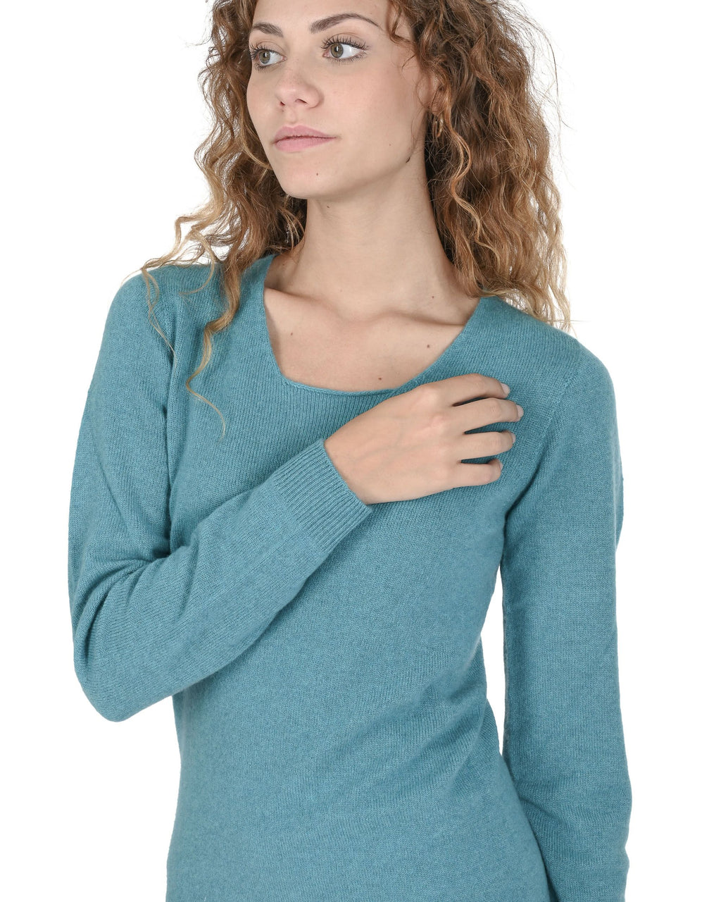 Maglione da donna in cashmere con scollo quadrato Crown of Edinburgh COE 0024 TURCHESE