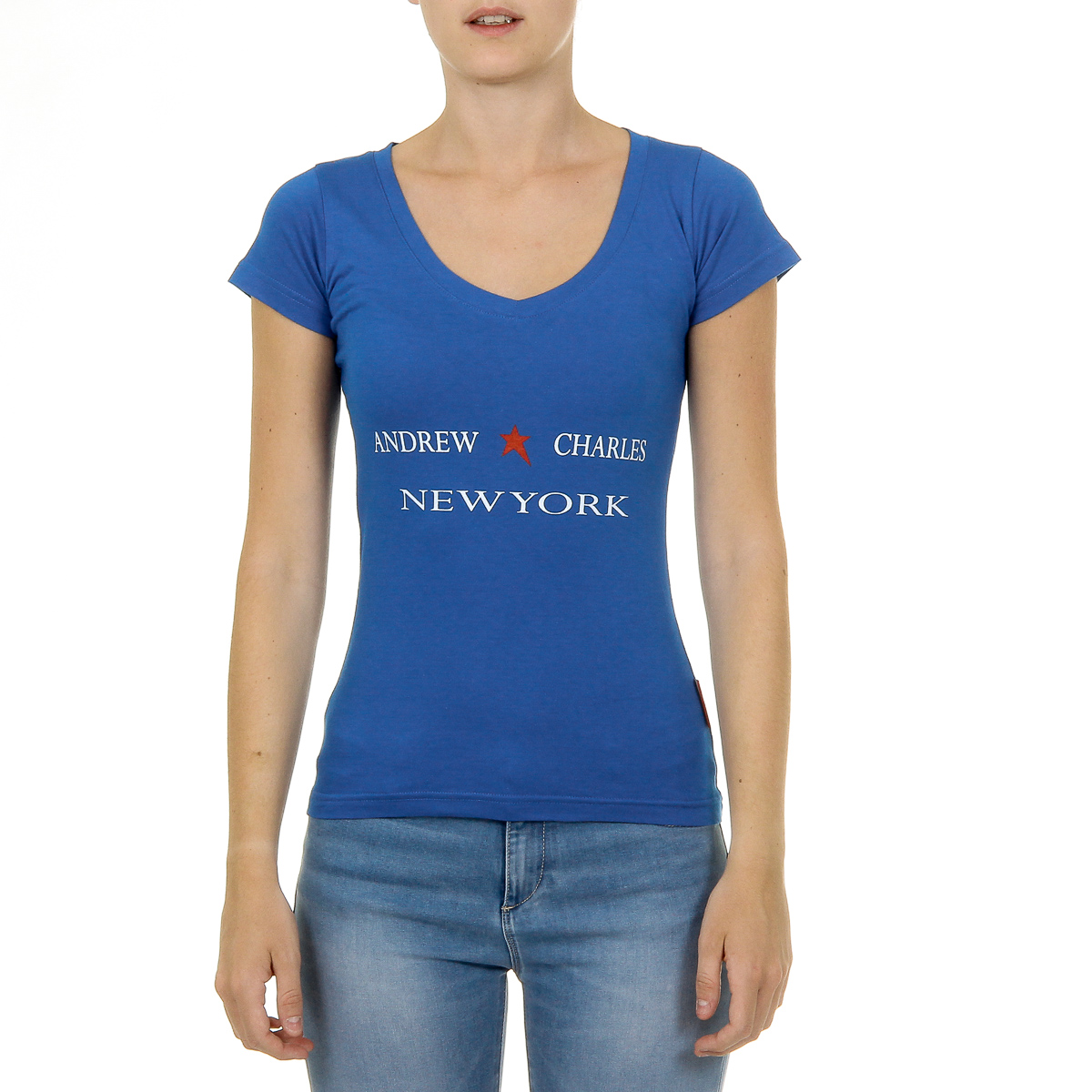 Andrew Charles T-shirt da donna a maniche corte con scollo a V blu TAPIWA