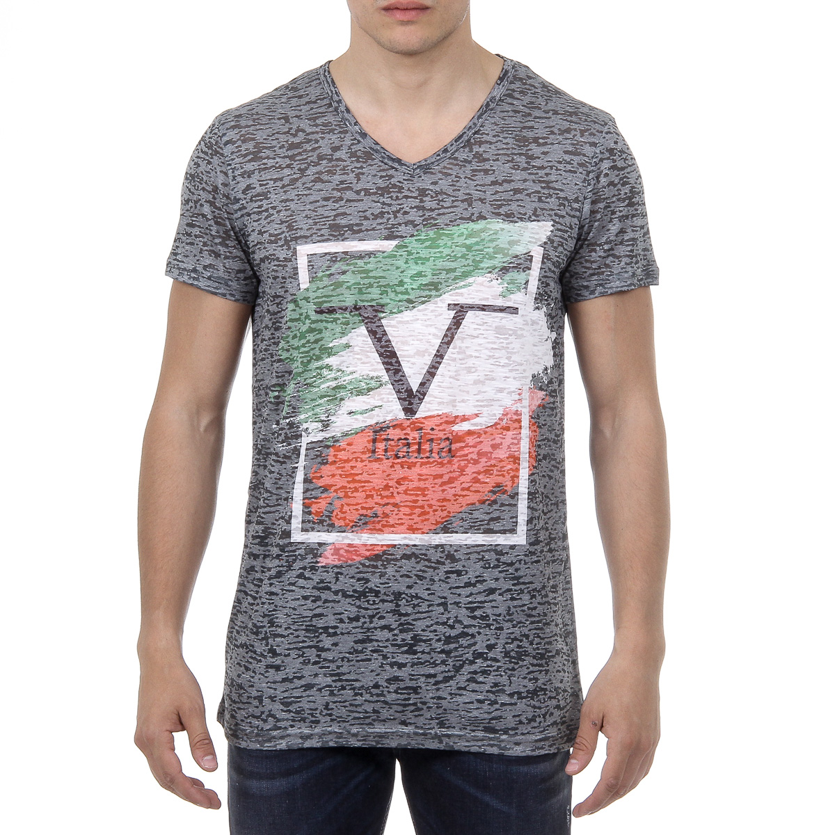 V 1969 Italia T-shirt da uomo a maniche corte con scollo a V, verde scuro LUCAS