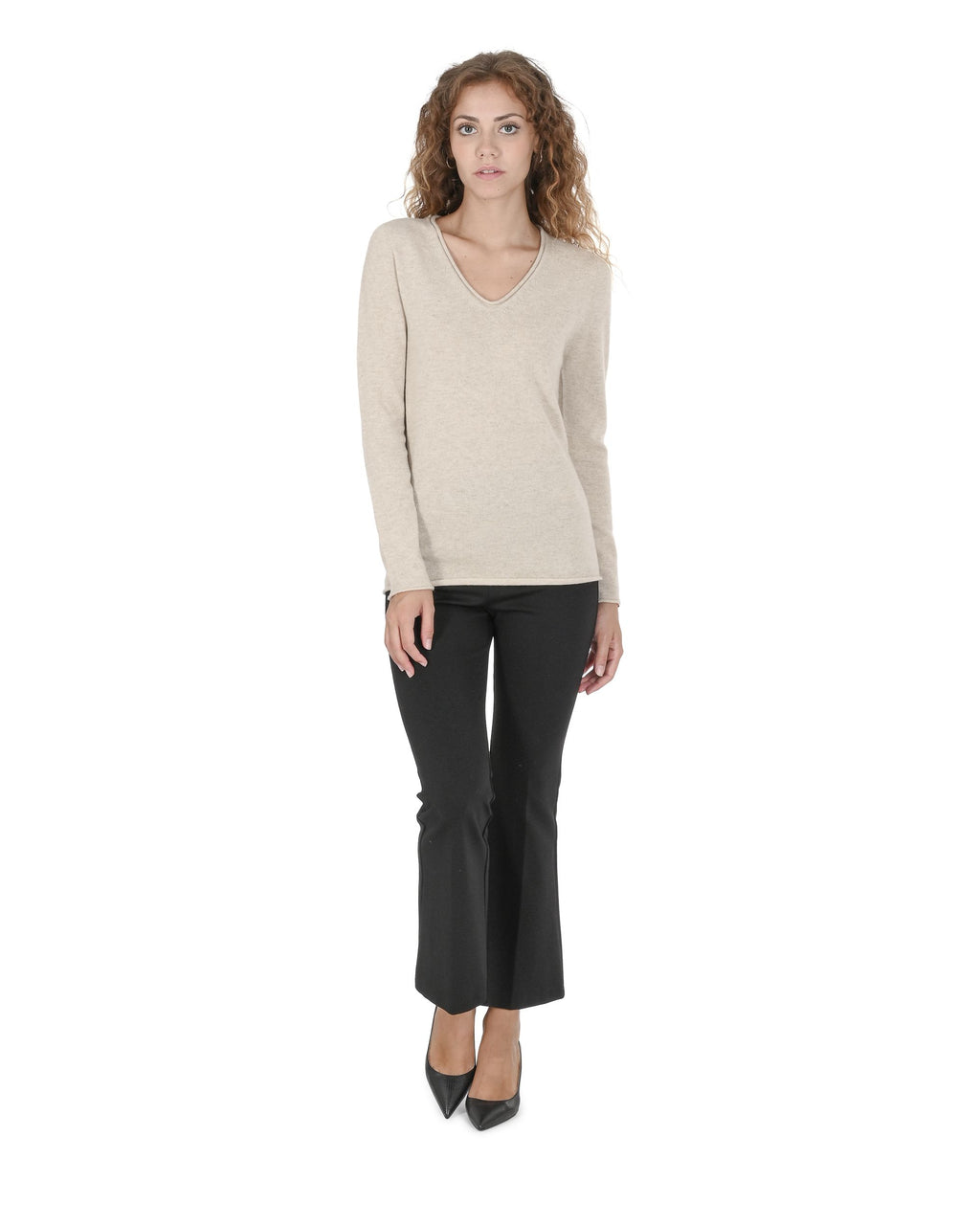 Maglione da donna con scollo a V in cashmere Crown of Edinburgh COE 0022 BEIGE