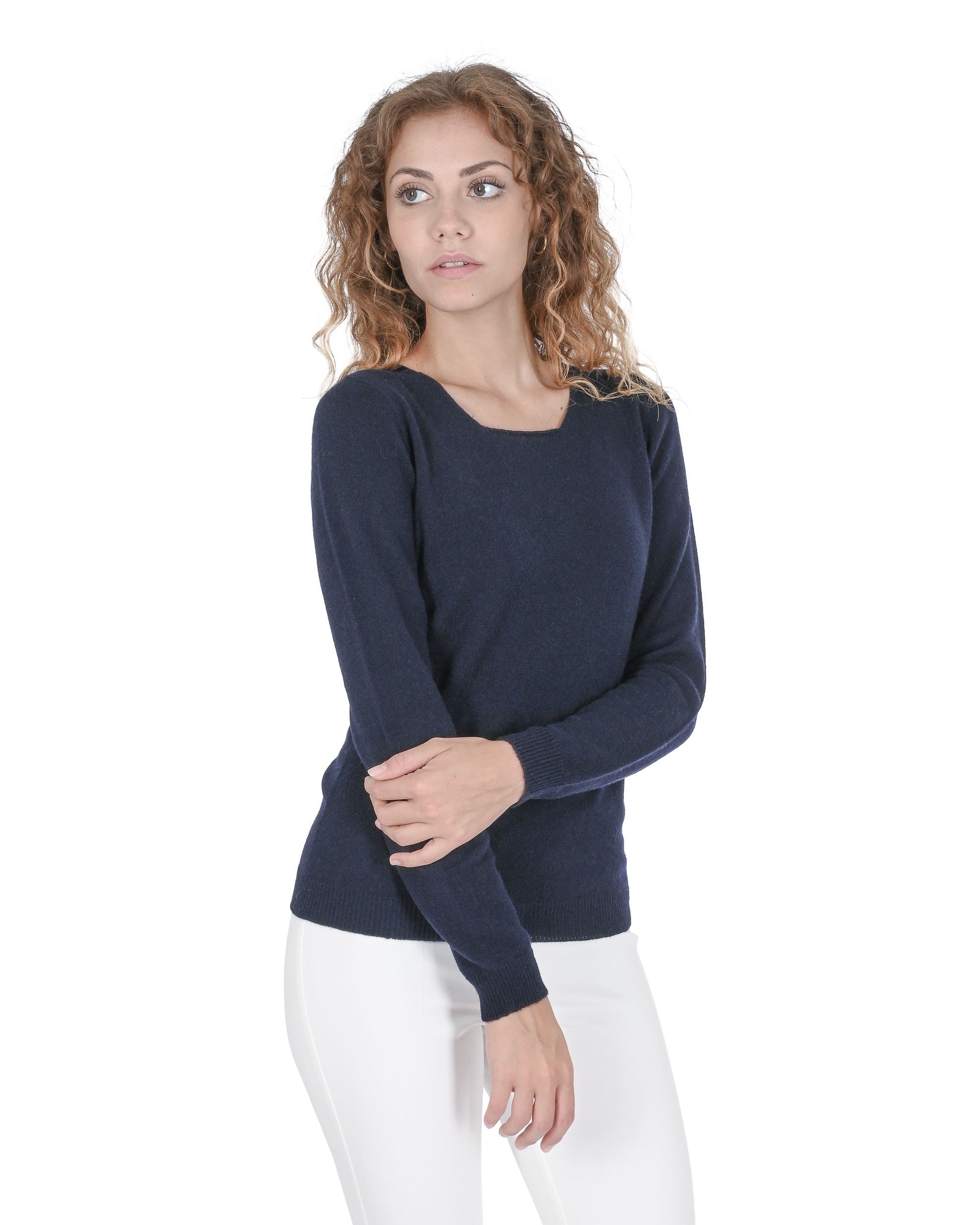 Maglione da donna in cashmere con scollo quadrato Crown of Edinburgh COE 0024 NAVY