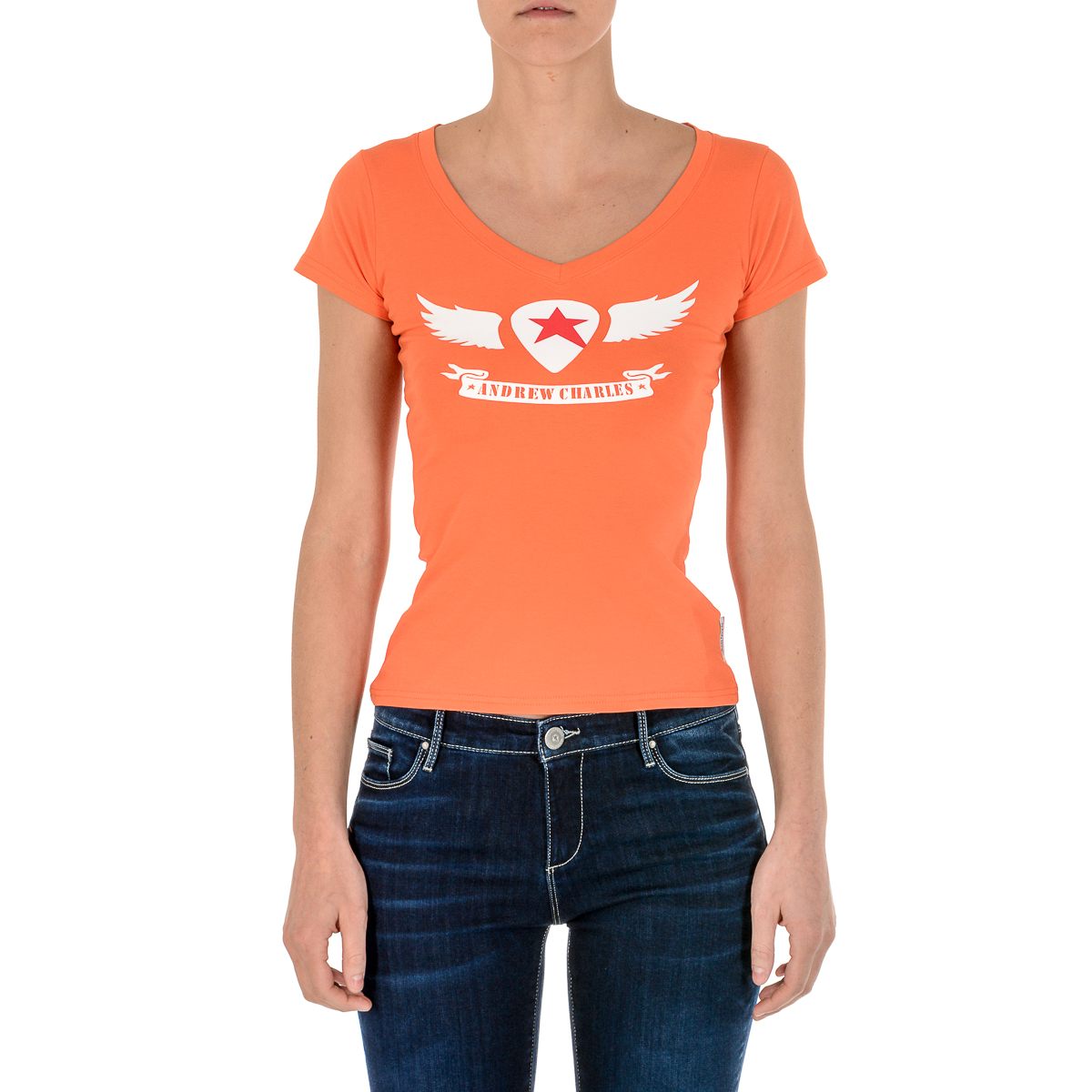 Andrew Charles T-shirt da donna a maniche corte con scollo a V arancione TAPIWA