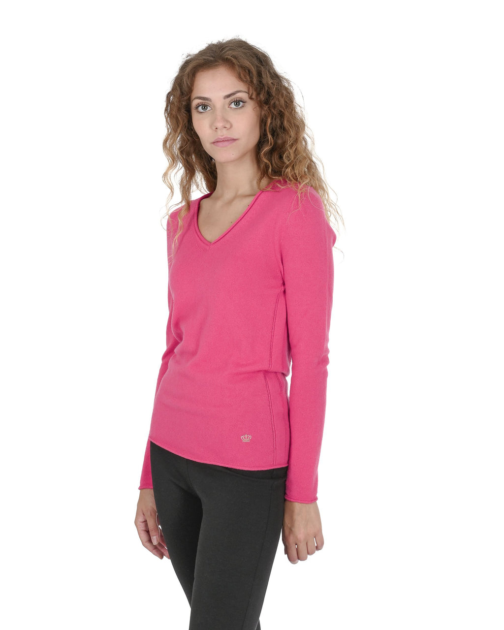 Maglione da donna in cashmere con scollo a V Crown of Edinburgh COE 0022 ROSSO FRAGOLA