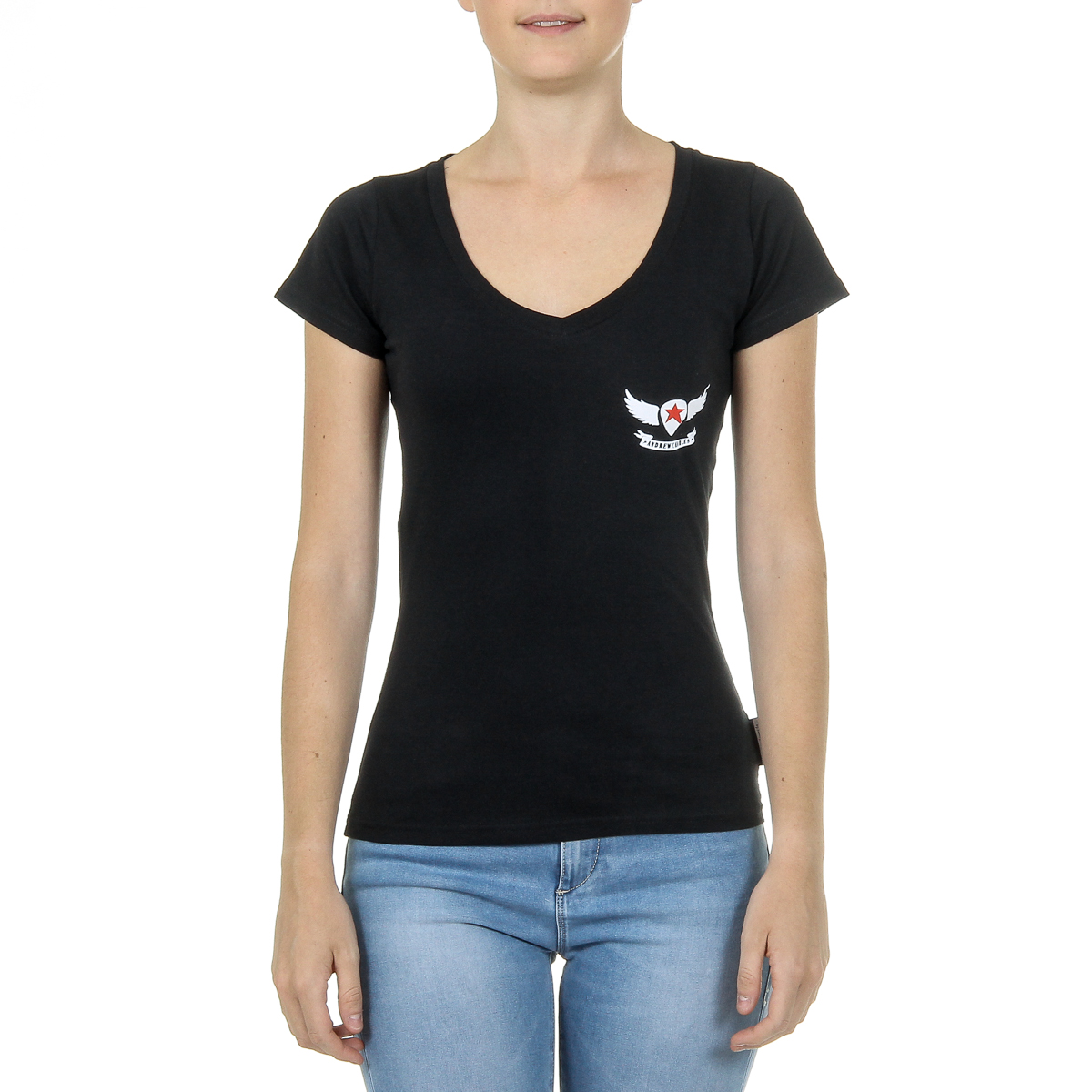 Andrew Charles T-shirt da donna a maniche corte con scollo a V, nera TAPIWA