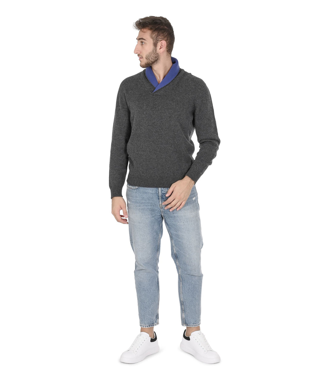 Maglione da uomo con collo a scialle in cashmere Crown of Edinburgh COE 0011 NAVY