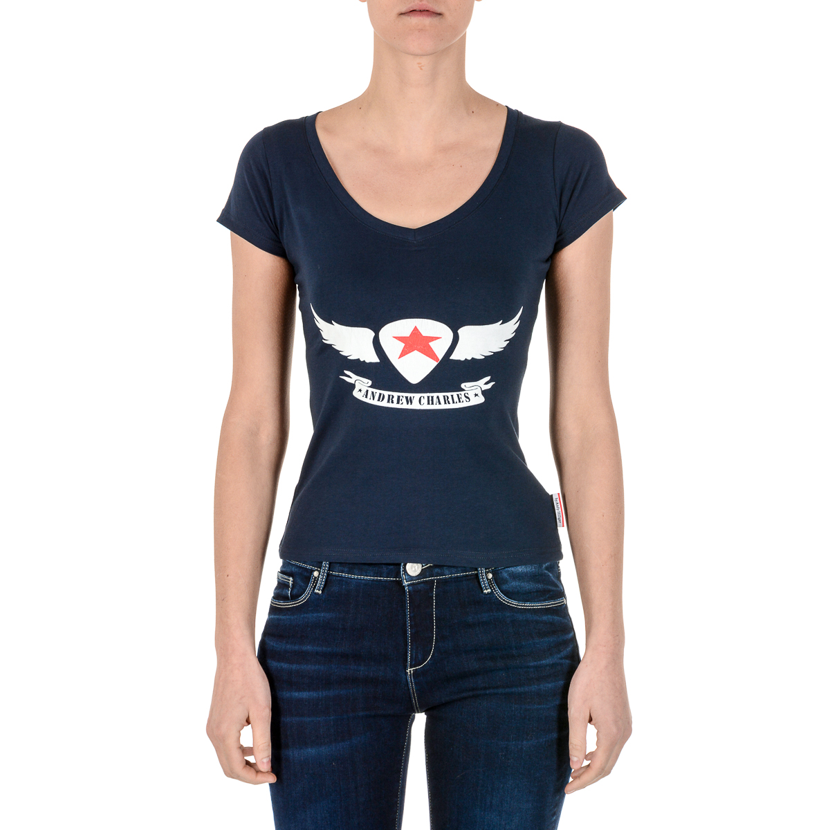 Andrew Charles T-shirt da donna a maniche corte con scollo a V blu TAPIWA