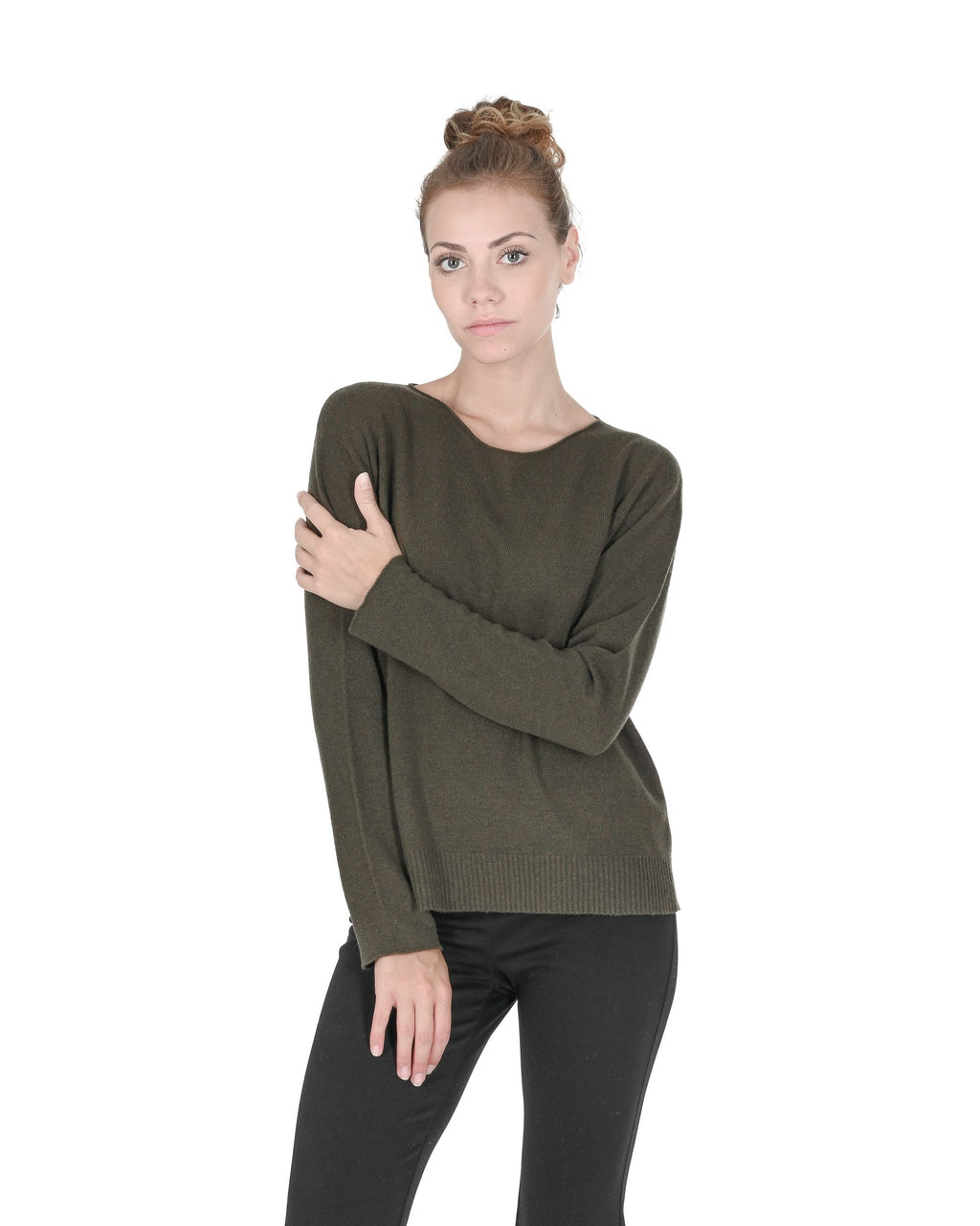 Maglione oversize con scollo a barca da donna in cashmere Crown of Edinburgh COE 008 KHAKI