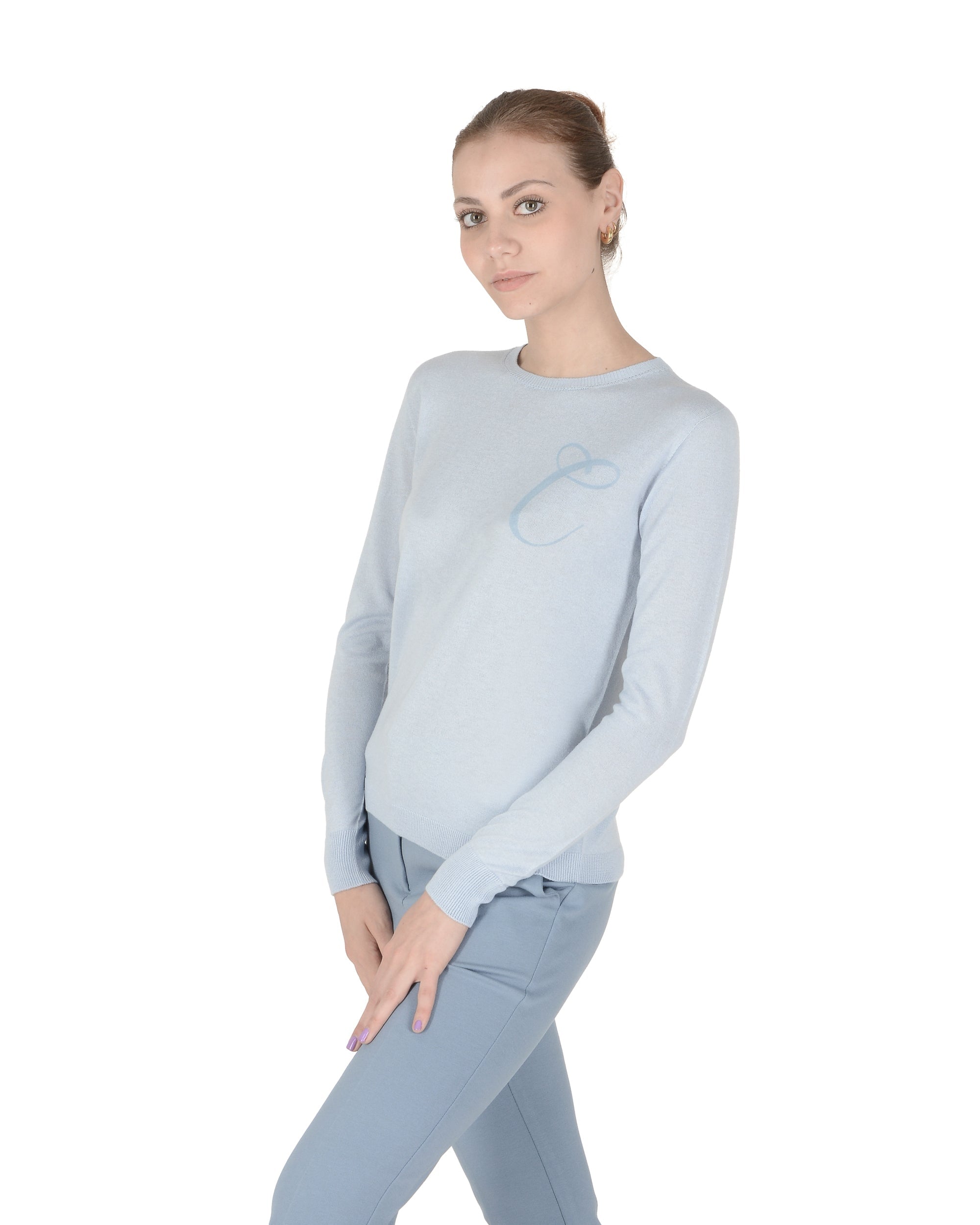 Maglia girocollo in cashmere estivo - Manica lunga - Azzurro