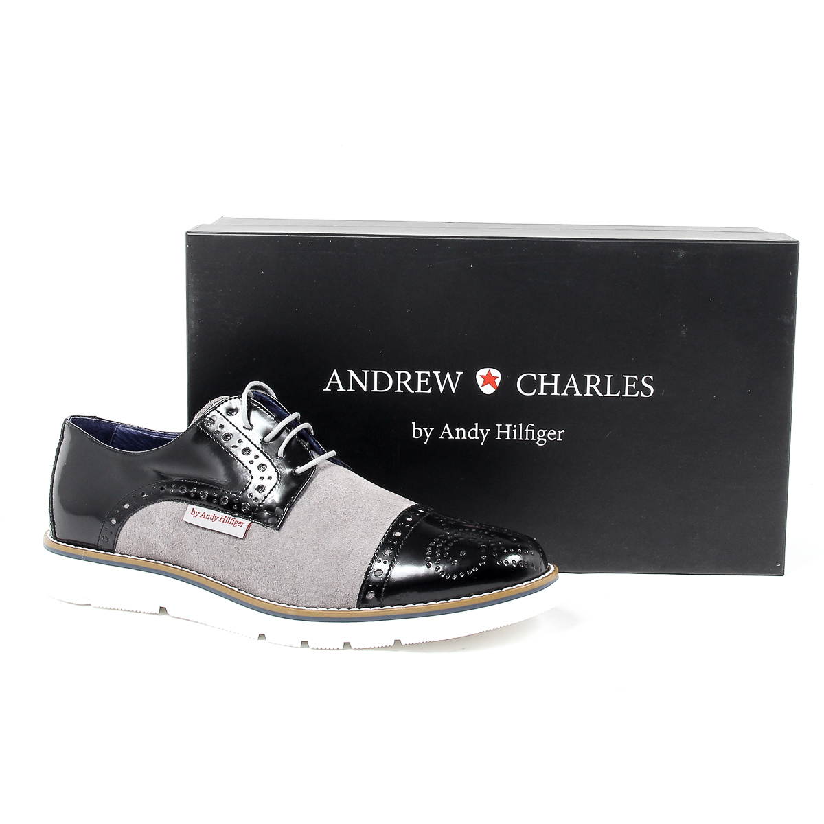 Andrew Charles Mens Brogue Oxford Shoe 911 ABRASIVATO CAM NERO GRIGIO