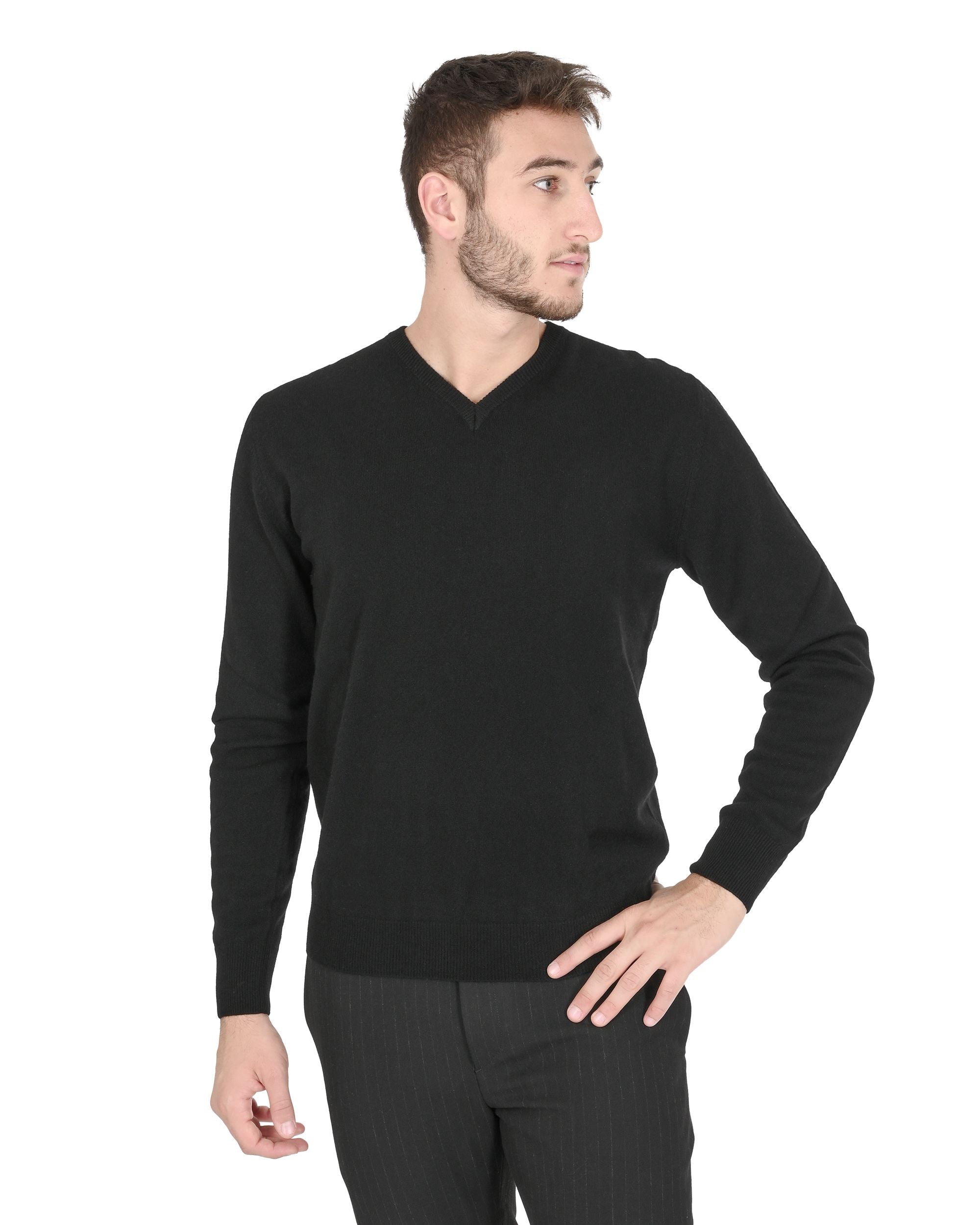 Maglione da uomo in cashmere con scollo a V Crown of Edinburgh COE 0012 NERO