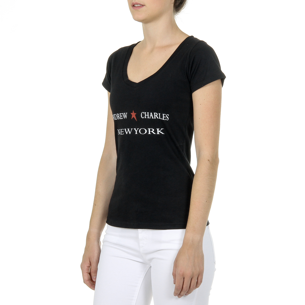 Andrew Charles T-shirt da donna a maniche corte con scollo a V, nera TAPIWA