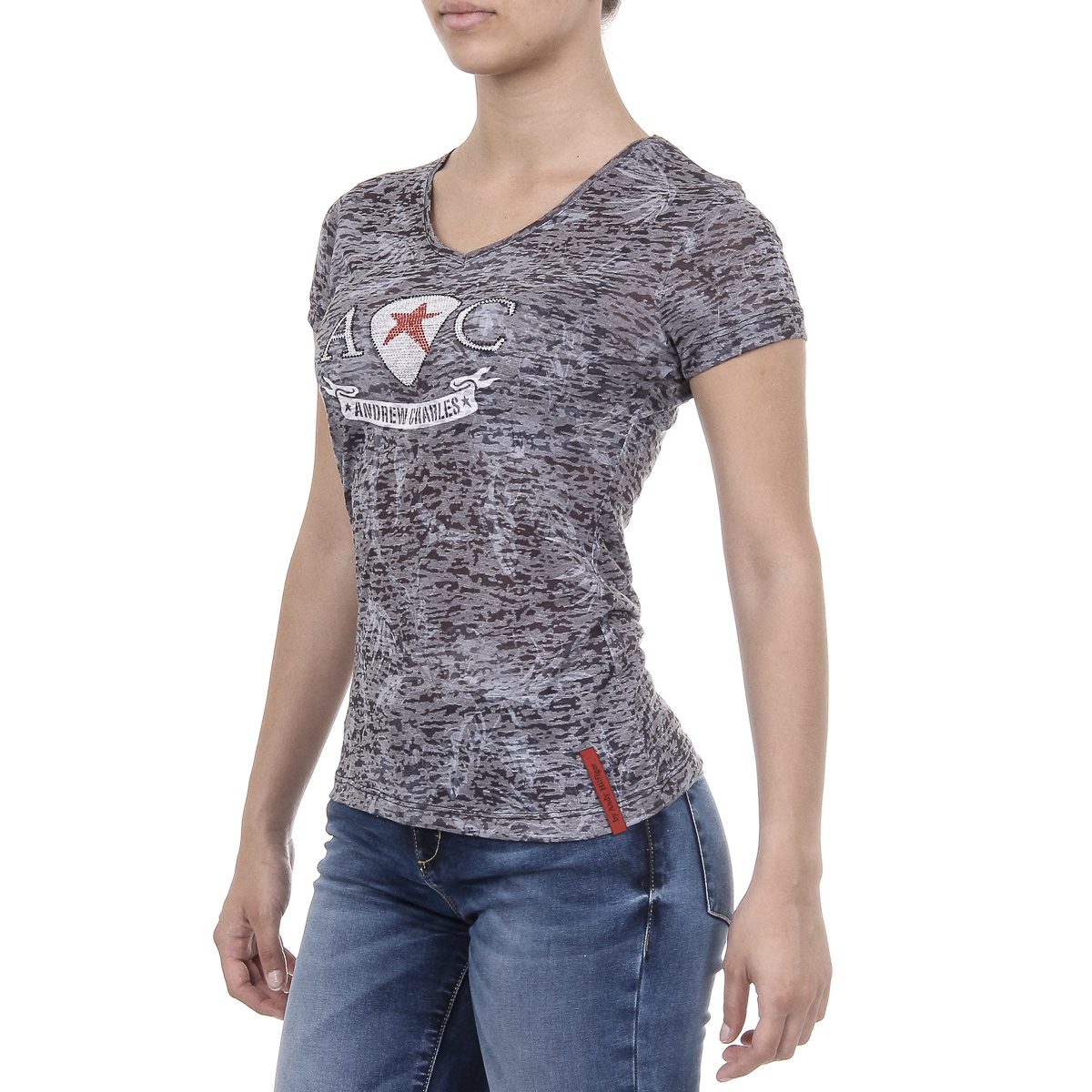 Andrew Charles T-shirt da donna a maniche corte con scollo a V nera ALEXA