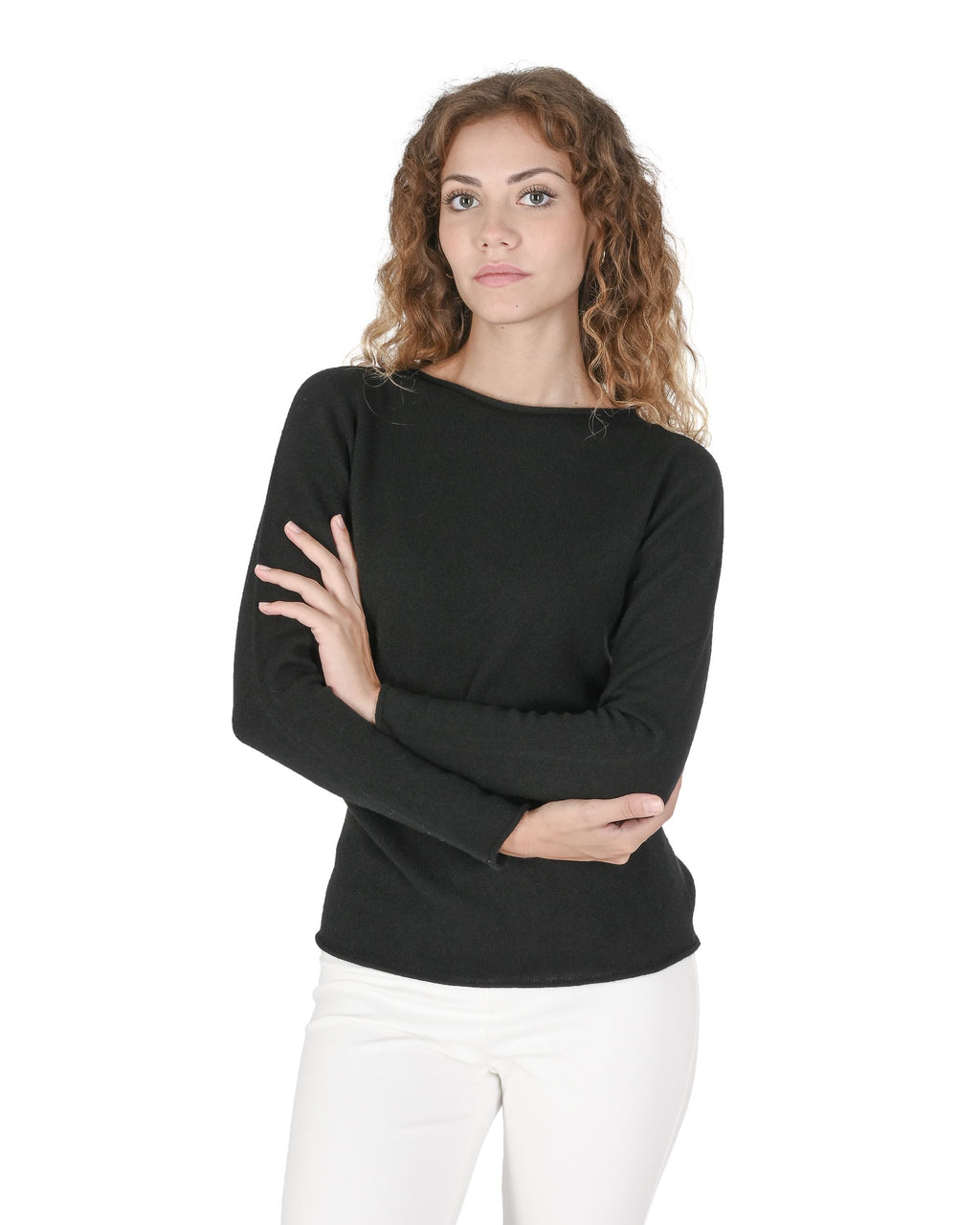 Maglione da donna in cashmere con scollo a barca Crown of Edinburgh COE 0025 NERO
