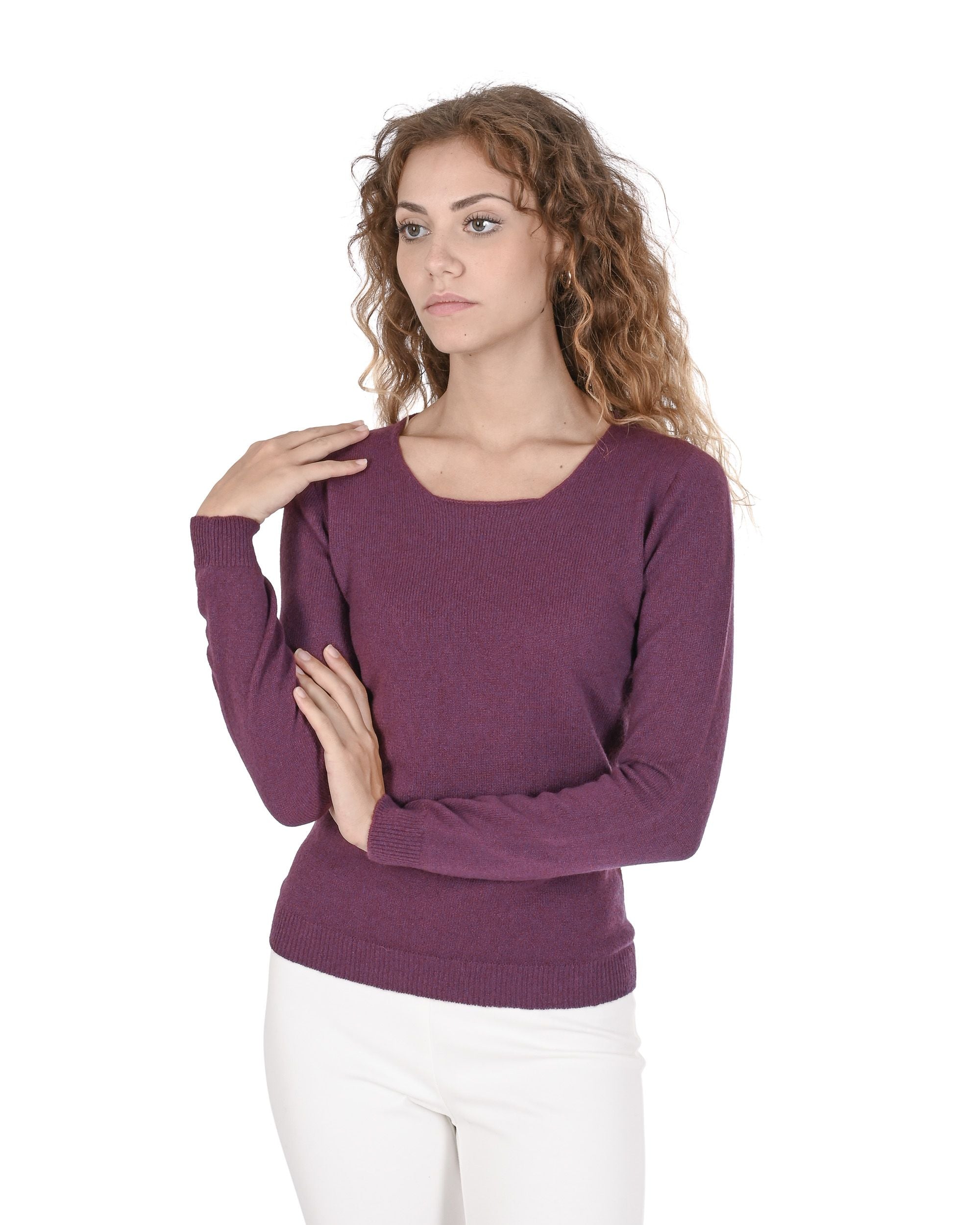 Maglione da donna in cashmere con scollo quadrato Crown of Edinburgh COE 0024 BURGUNDY