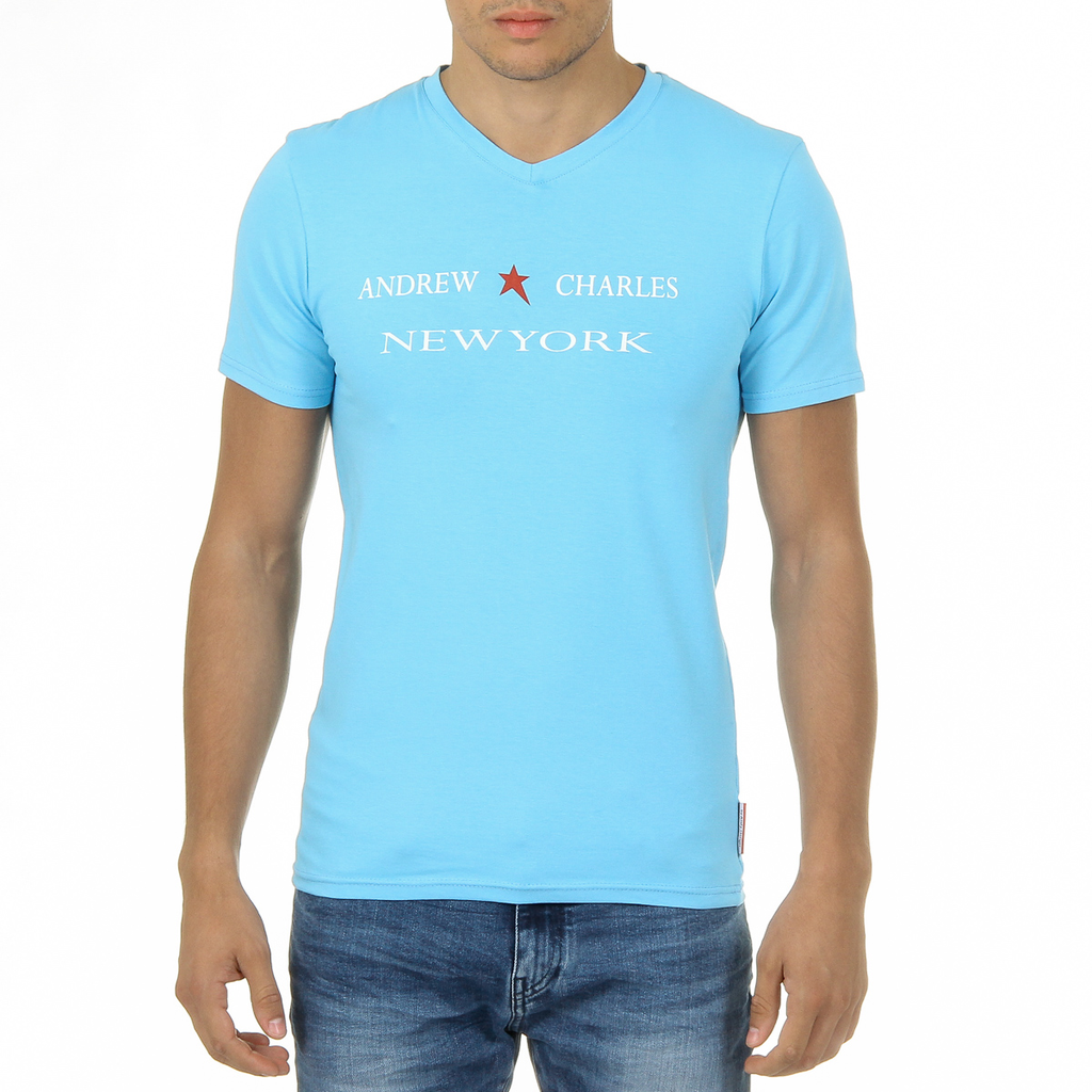 Andrew Charles T-shirt da uomo a maniche corte con scollo a V, colore azzurro KENAN