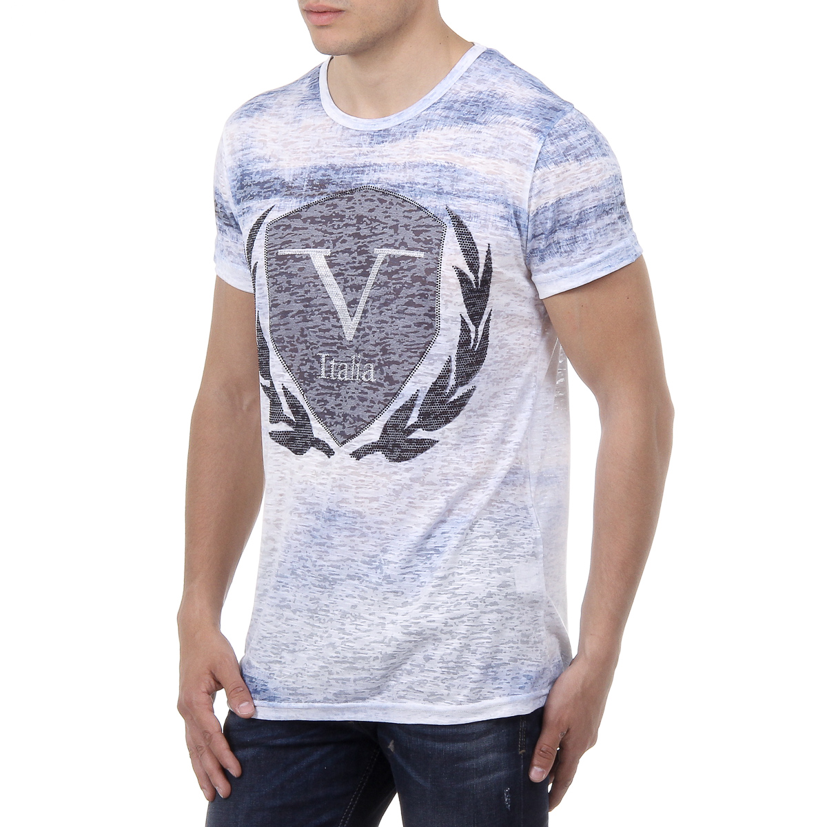 V 1969 Italia T-shirt da uomo a maniche corte con scollo tondo azzurro LOGAN