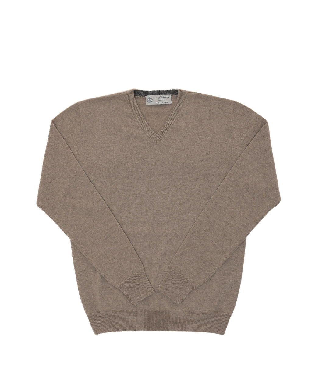 Maglione da uomo in cashmere con scollo a V Crown of Edinburgh COE 0012 TAUPE