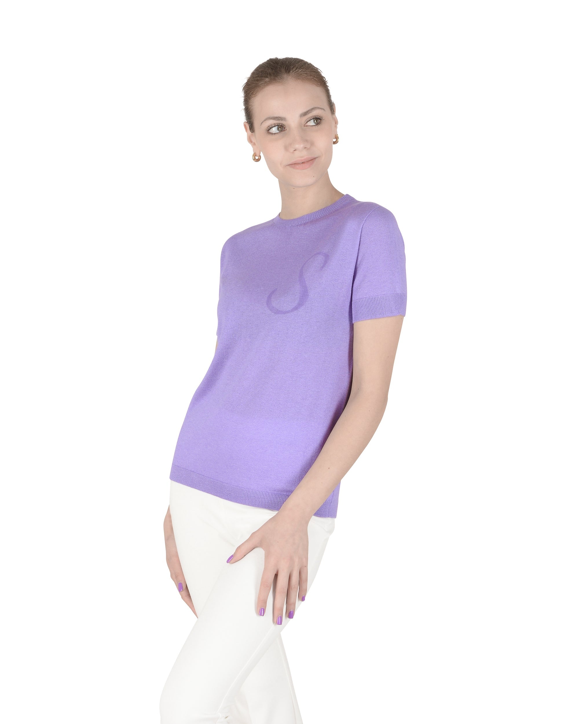 Maglia girocollo estiva in cashmere - Manica corta - Lilla