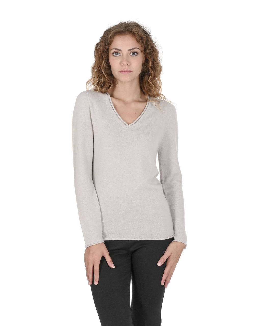 Maglione da donna in cashmere con scollo a V Crown of Edinburgh COE 0022 OYSTER