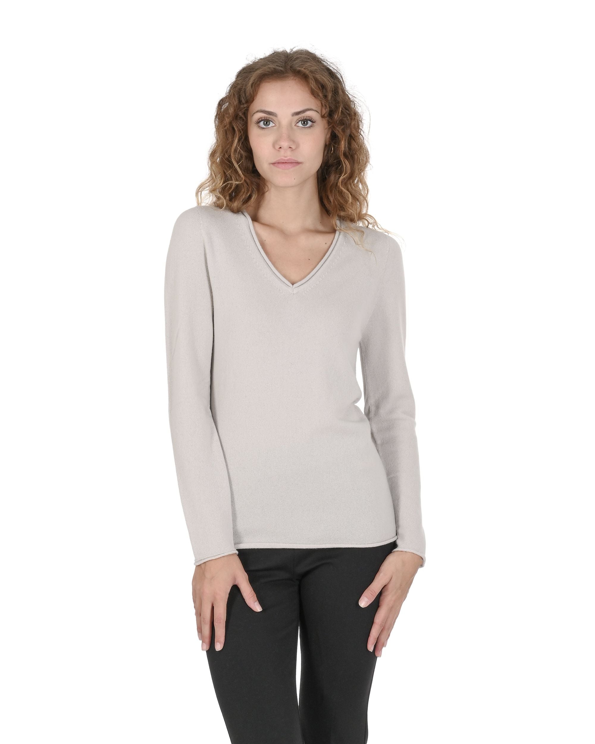 Maglione da donna in cashmere con scollo a V Crown of Edinburgh COE 0022 OYSTER