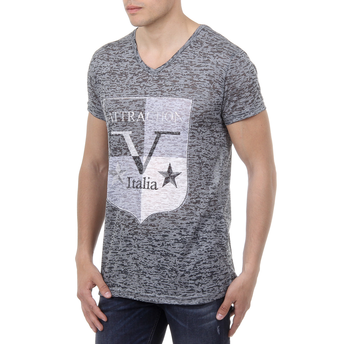 V 1969 Italia T-shirt da uomo a maniche corte con scollo a V, verde scuro ALEXANDER