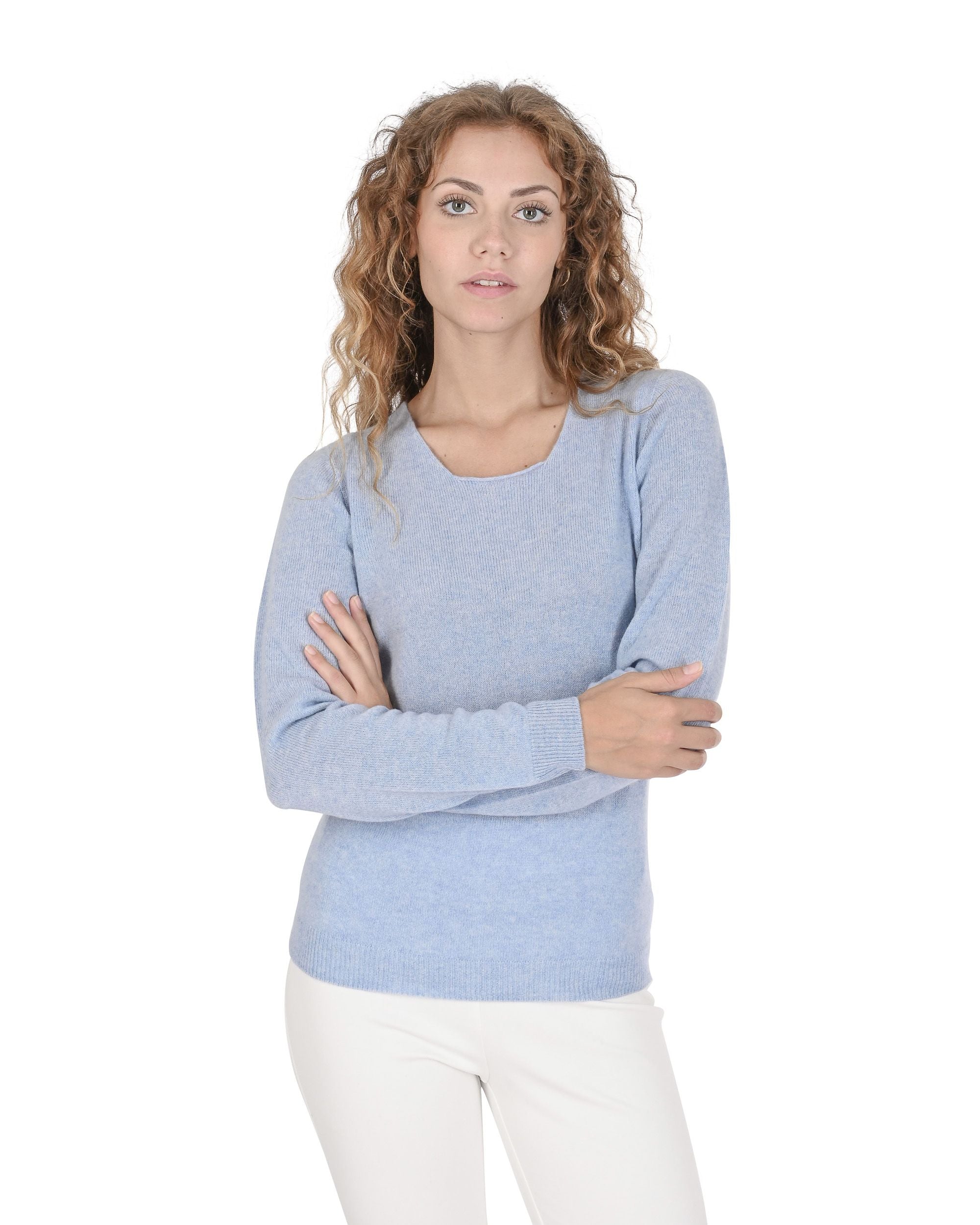 Maglione da donna in cashmere con scollo quadrato Crown of Edinburgh COE 0024 AZZURRO CHIARO
