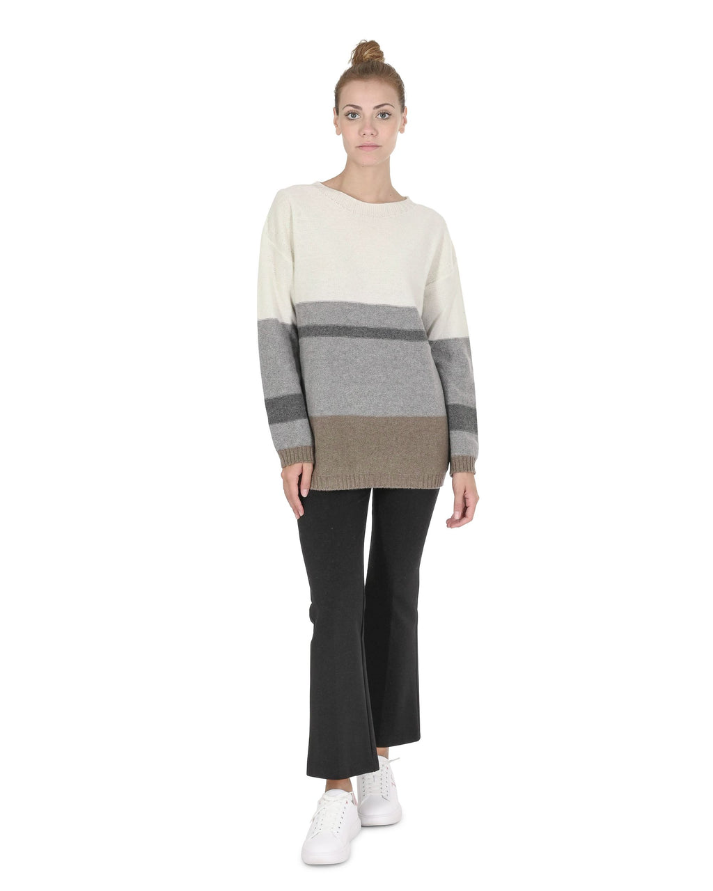 Maglione da donna in cashmere con scollo a barca Crown of Edinburgh COE 0017 GRIGIO/CREMA/TORTORA