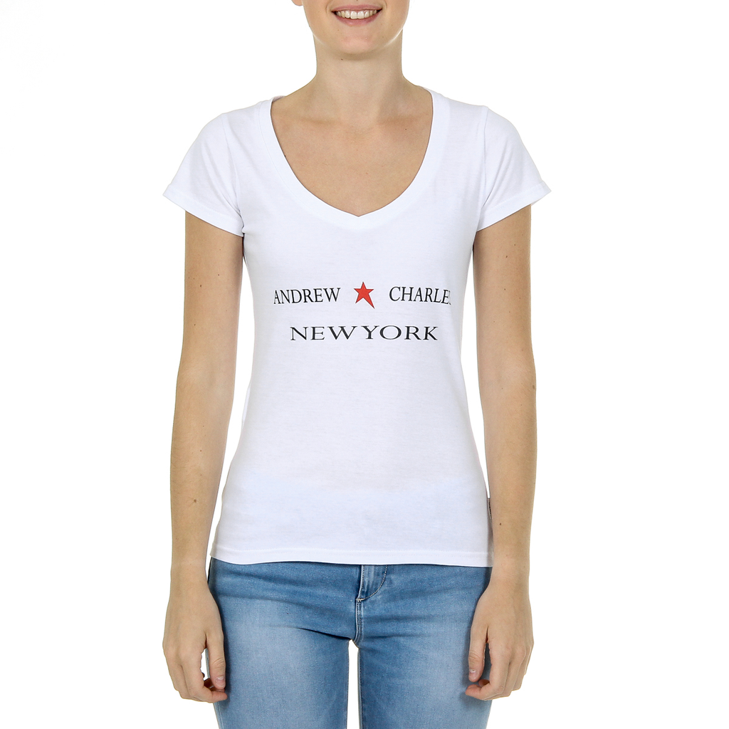 Andrew Charles T-shirt da donna a maniche corte con scollo a V, bianca TAPIWA
