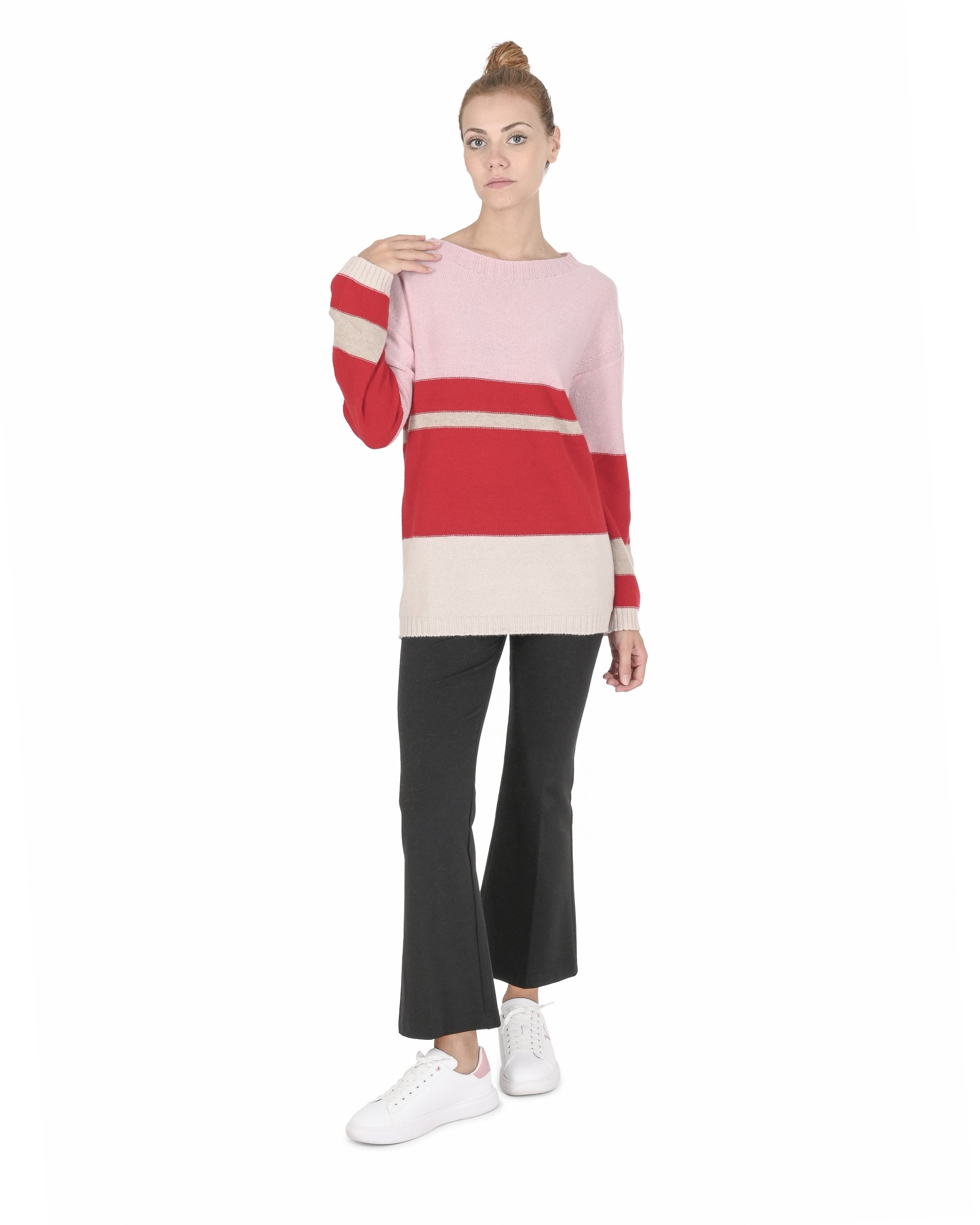 Maglione da donna con scollo a barca in cashmere Crown of Edinburgh COE 0017 ROSA/ROSSO