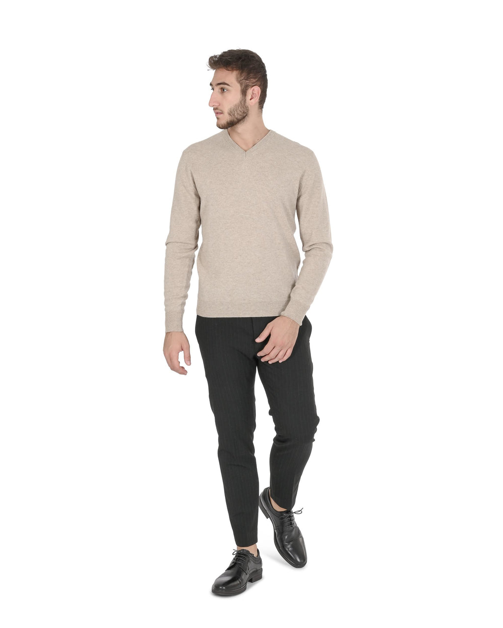 Maglione da uomo in cashmere con scollo a V Crown of Edinburgh COE 0012 BEIGE