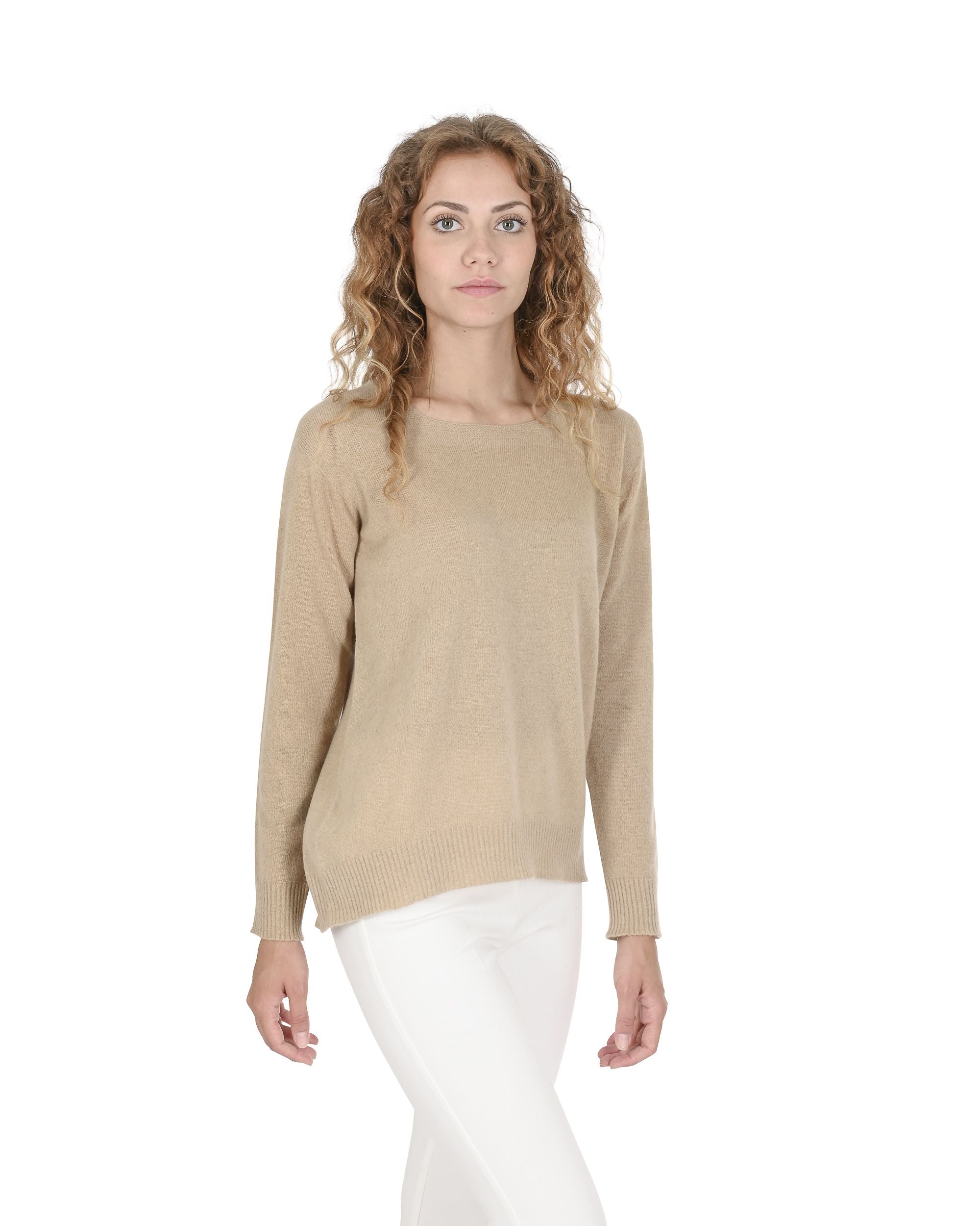 Maglione da donna in cashmere con scollo quadrato Crown of Edinburgh COE 006 SAND