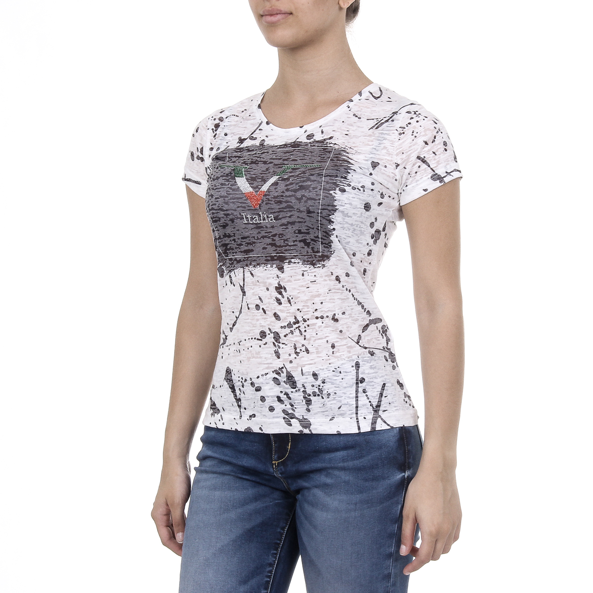 V 1969 Italia T-shirt da donna a maniche corte con scollo rotondo, bianca AVA