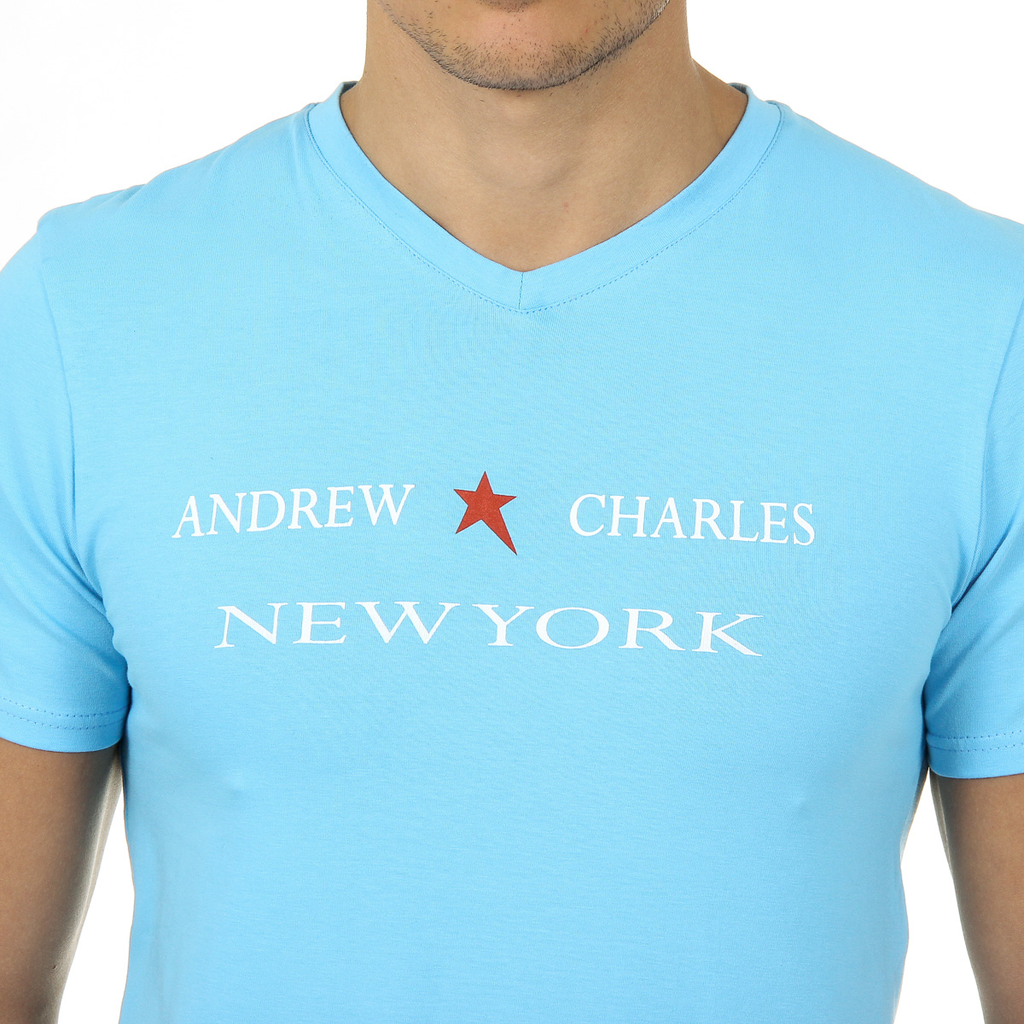 Andrew Charles T-shirt da uomo a maniche corte con scollo a V, colore azzurro KENAN