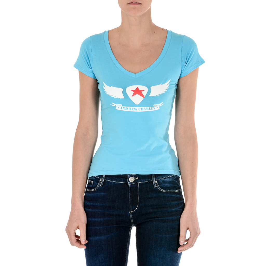 Andrew Charles T-shirt da donna a maniche corte con scollo a V, colore azzurro TAPIWA