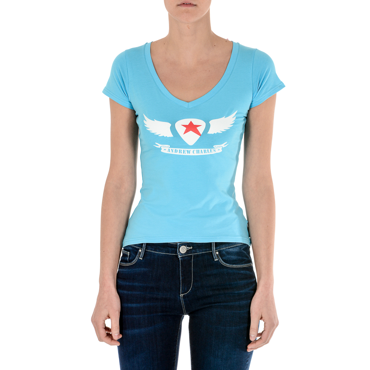 Andrew Charles T-shirt da donna a maniche corte con scollo a V, colore azzurro TAPIWA