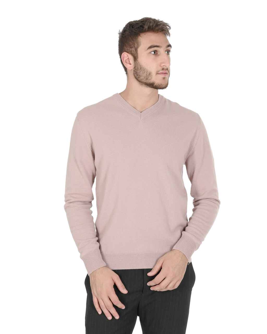 Maglione da uomo in cashmere con scollo a V Crown of Edinburgh COE 0012 ROSA CIPRIA