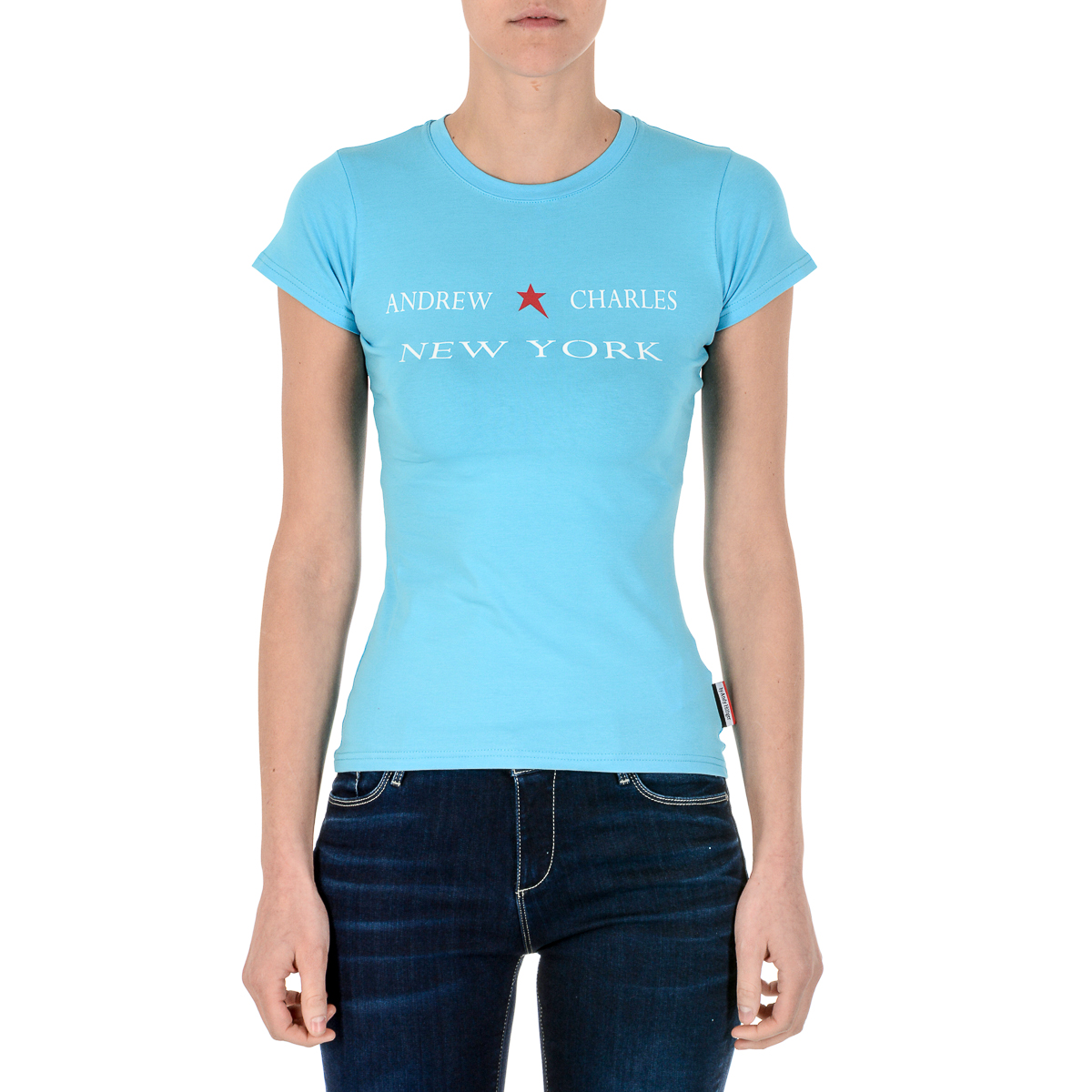 Andrew Charles T-shirt da donna a maniche corte con scollo tondo, blu chiaro TARANA