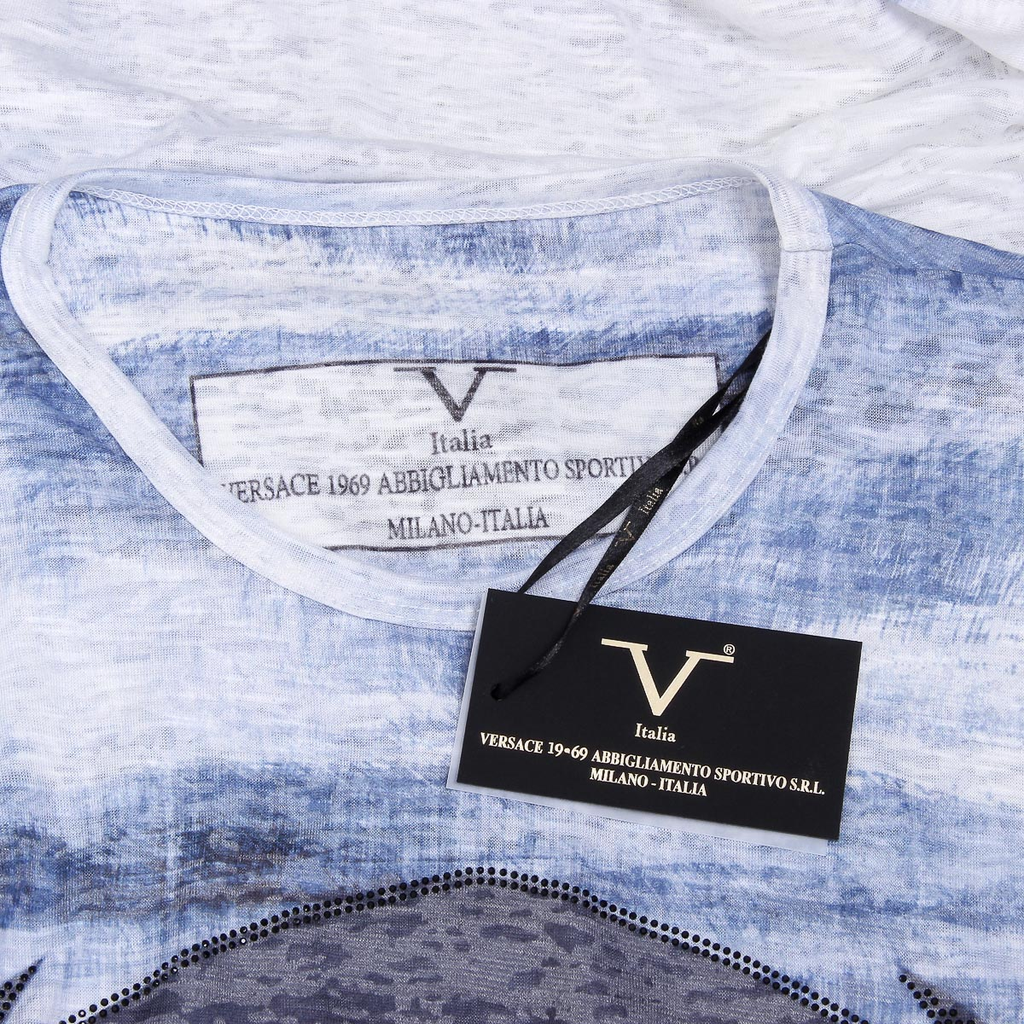 V 1969 Italia T-shirt da uomo a maniche corte con scollo tondo azzurro LOGAN