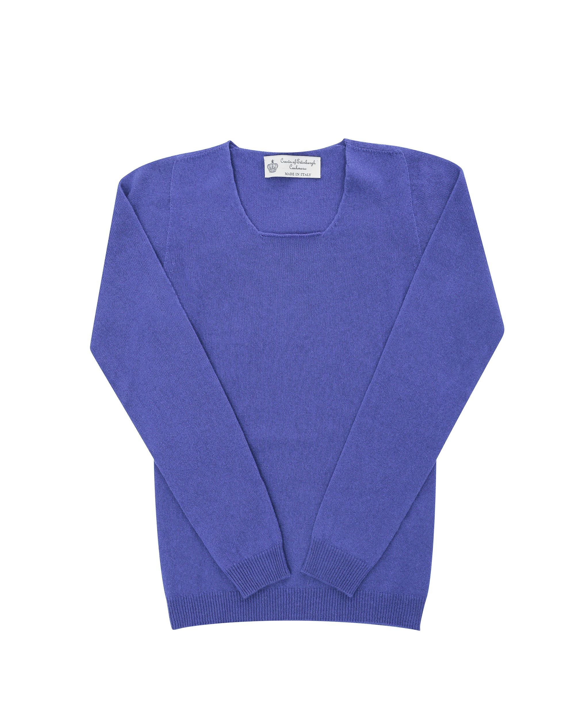 Maglione da donna in cashmere con scollo quadrato Crown of Edinburgh COE 0024 BLU REALE