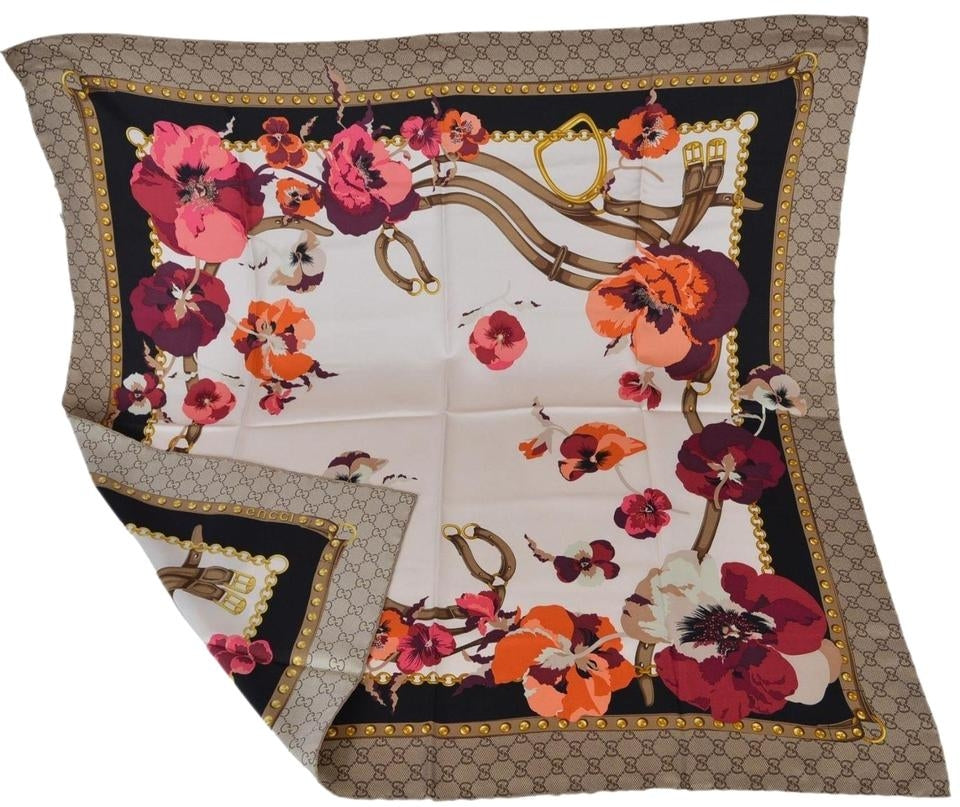 Sciarpa Gucci GG monogramma stampa 100% seta 90x90 cm marrone multi