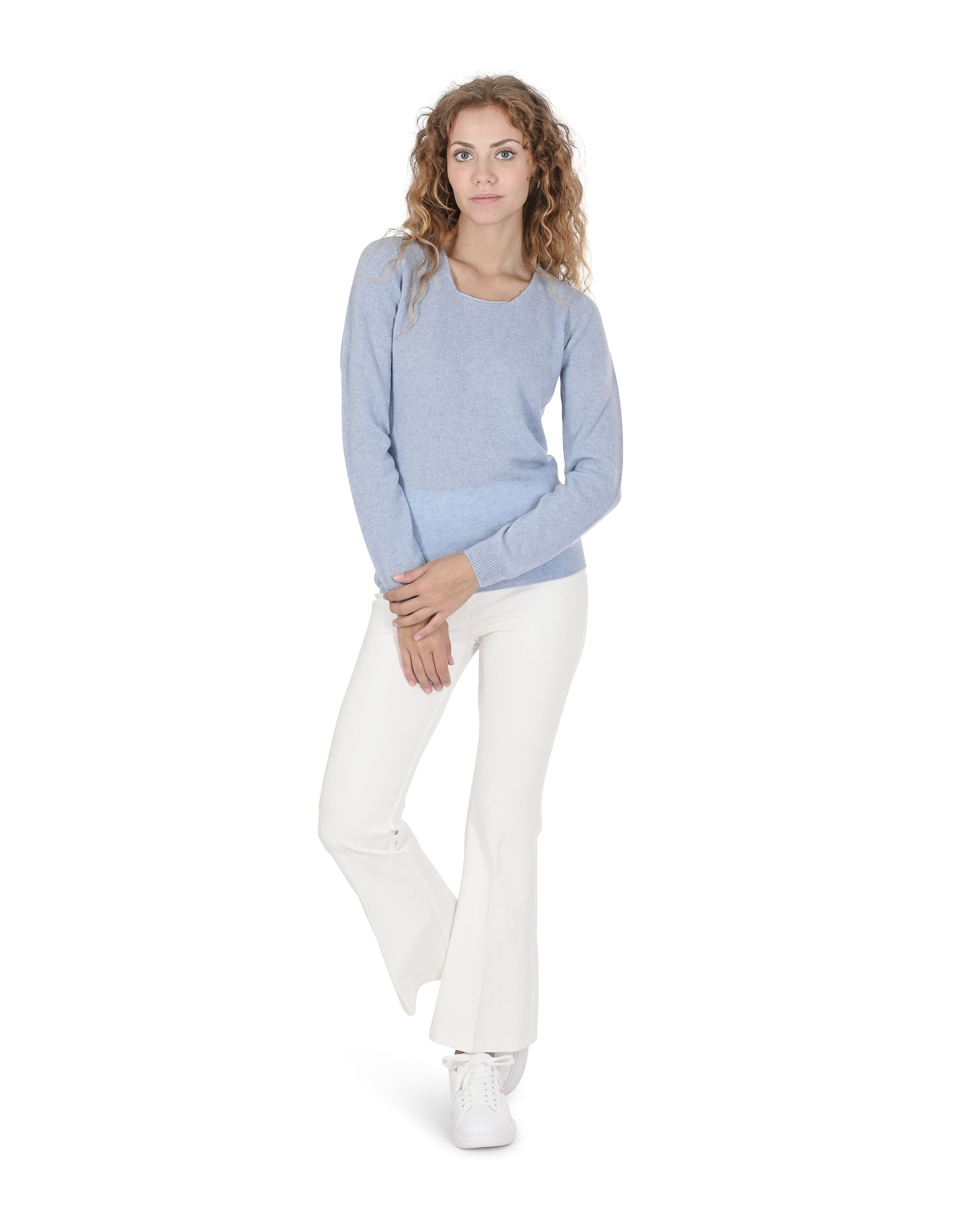 Maglione da donna in cashmere con scollo quadrato Crown of Edinburgh COE 0024 AZZURRO CHIARO