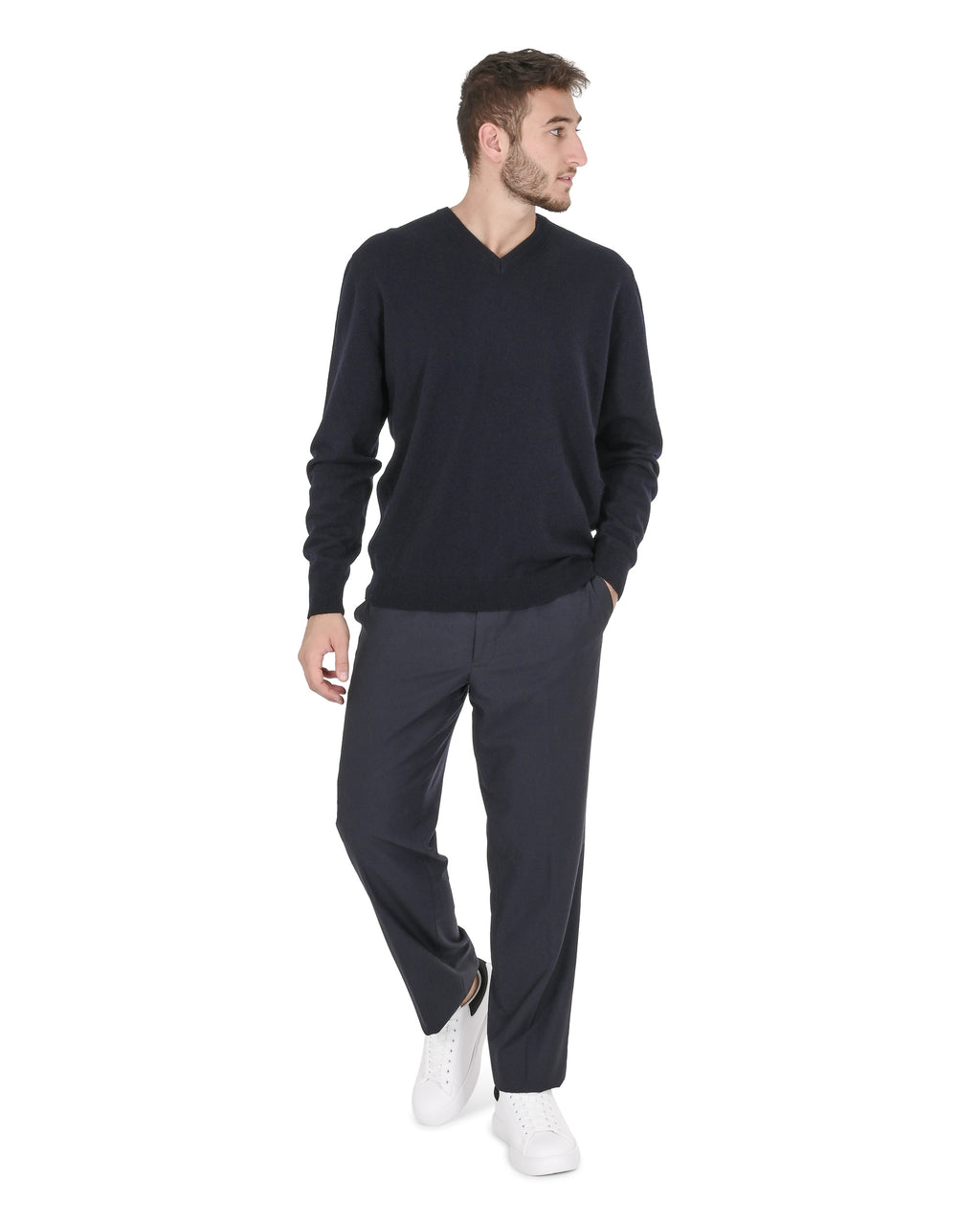 Maglione da uomo in cashmere con scollo a V Crown of Edinburgh COE 0012 BLU NAVY