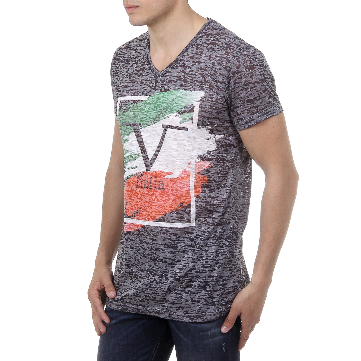 V 1969 Italia T-shirt da uomo a maniche corte con scollo a V, nera LUCAS