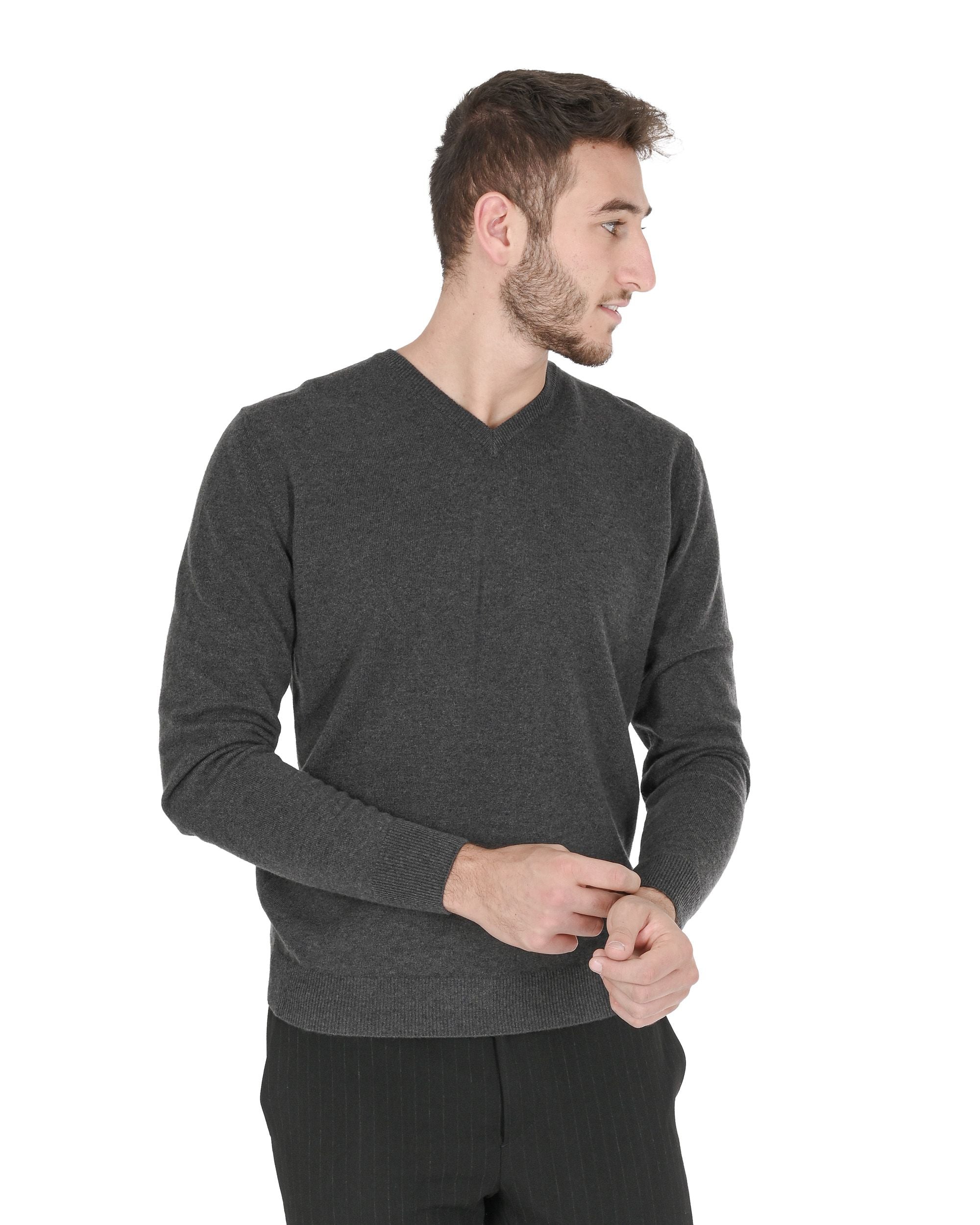 Maglione da uomo in cashmere con scollo a V Crown of Edinburgh COE 0012 GRIGIO SCURO